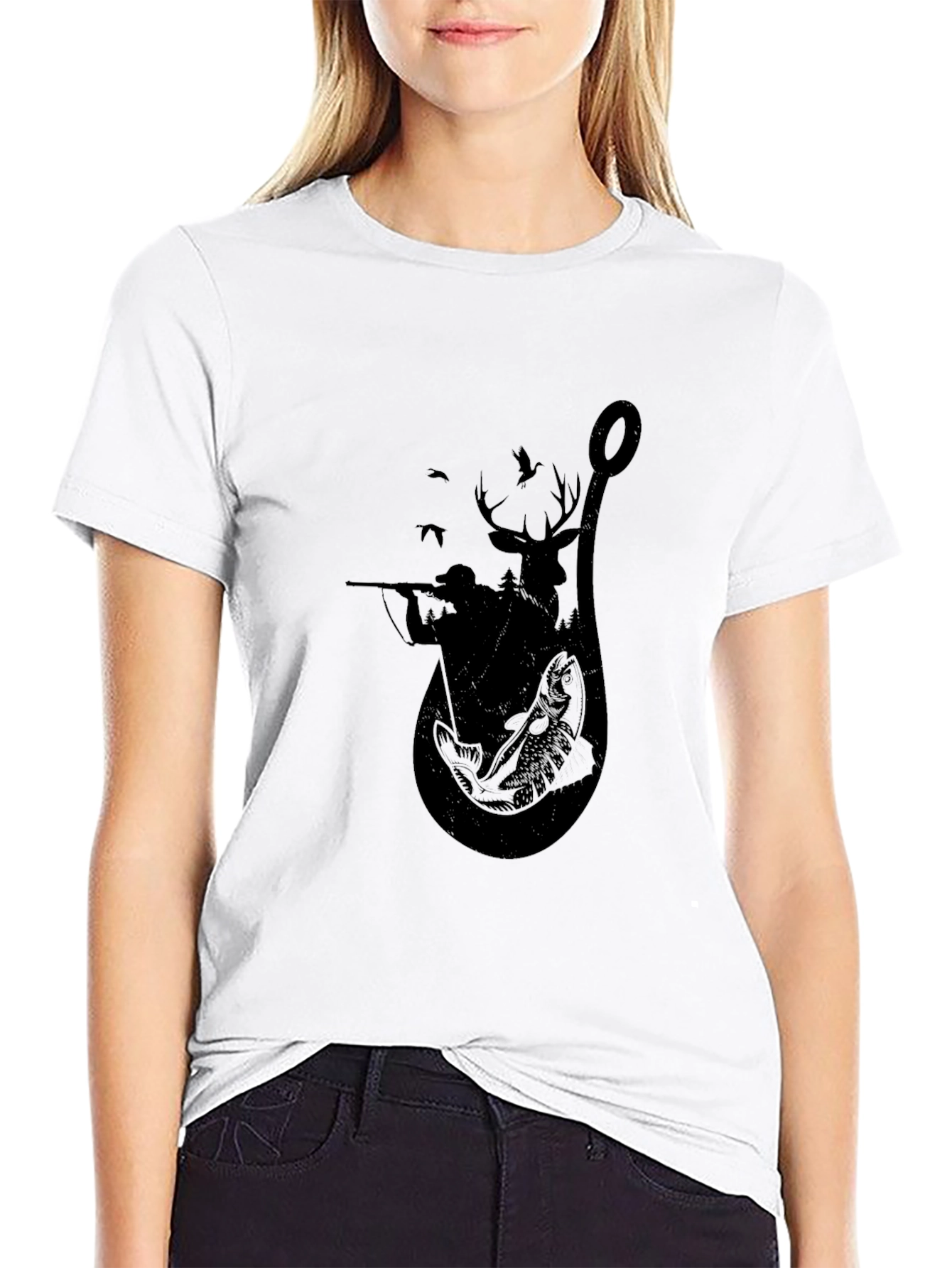 Fishing & Hunting Graphic Tee - Black Cotton Blend