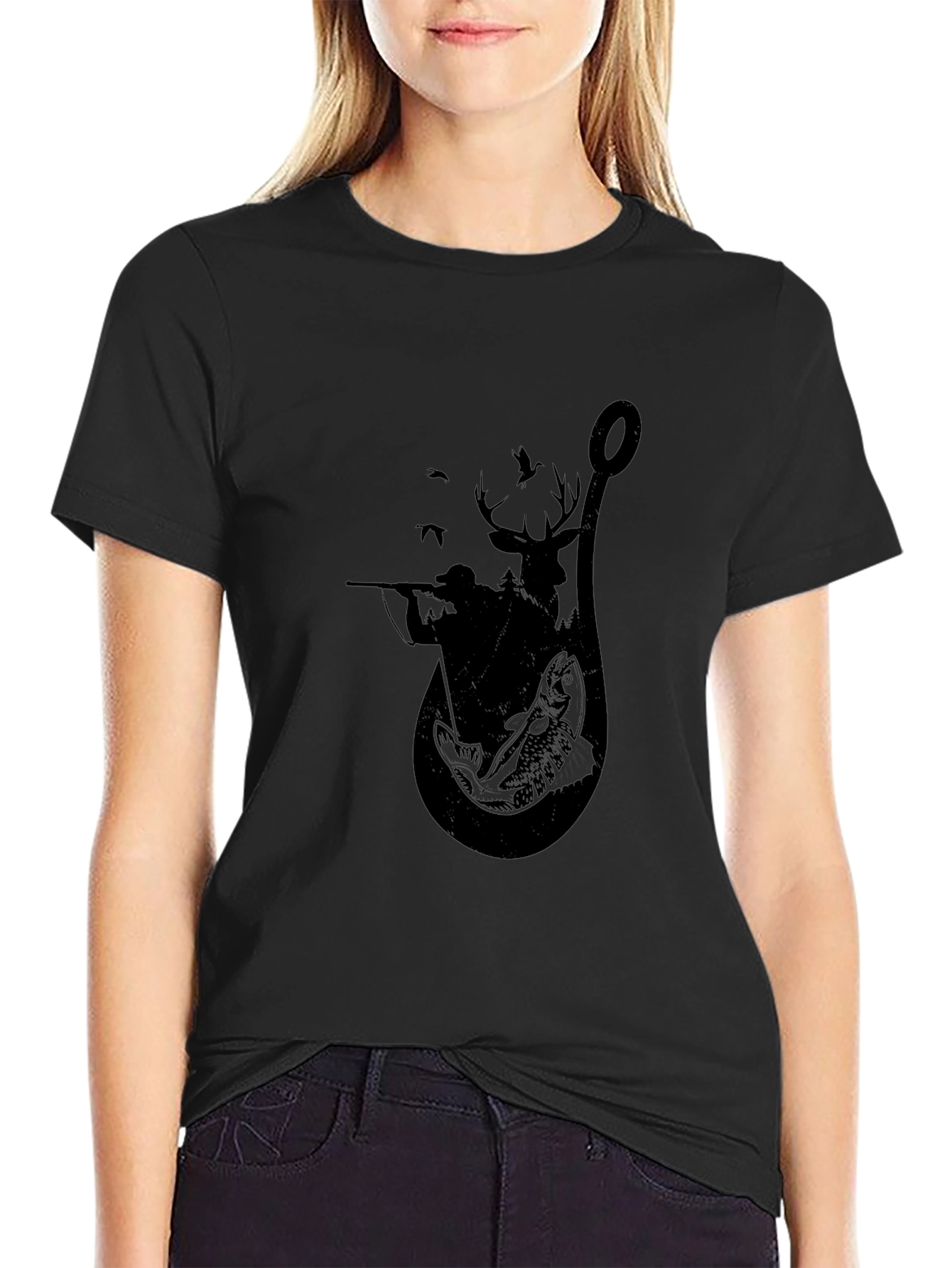 Fishing & Hunting Graphic Tee - Black Cotton Blend