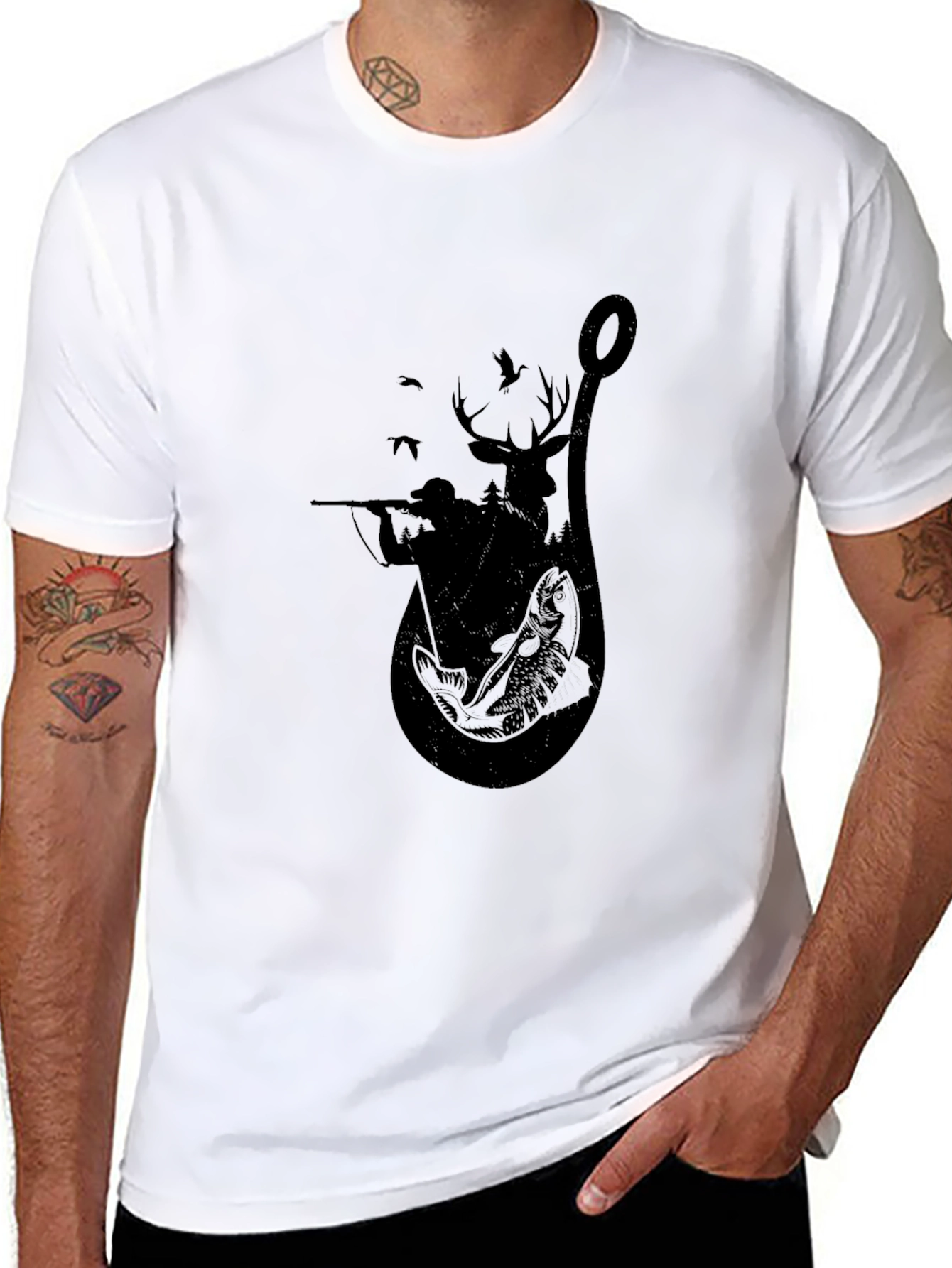 Fishing & Hunting Graphic Tee - Black Cotton Blend