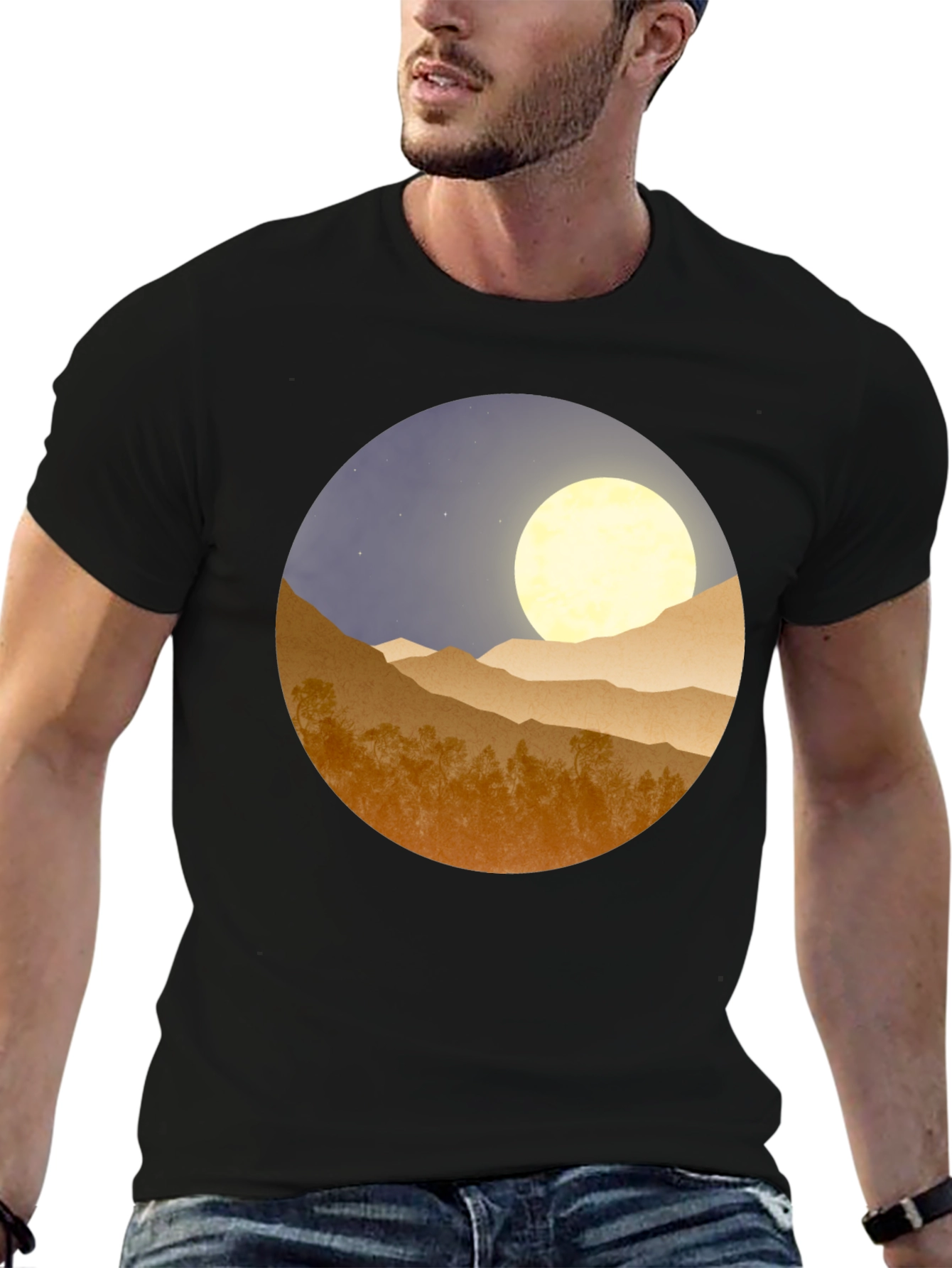 Moonlit Mountain Graphic Tee - Soft Black Cotton Blend