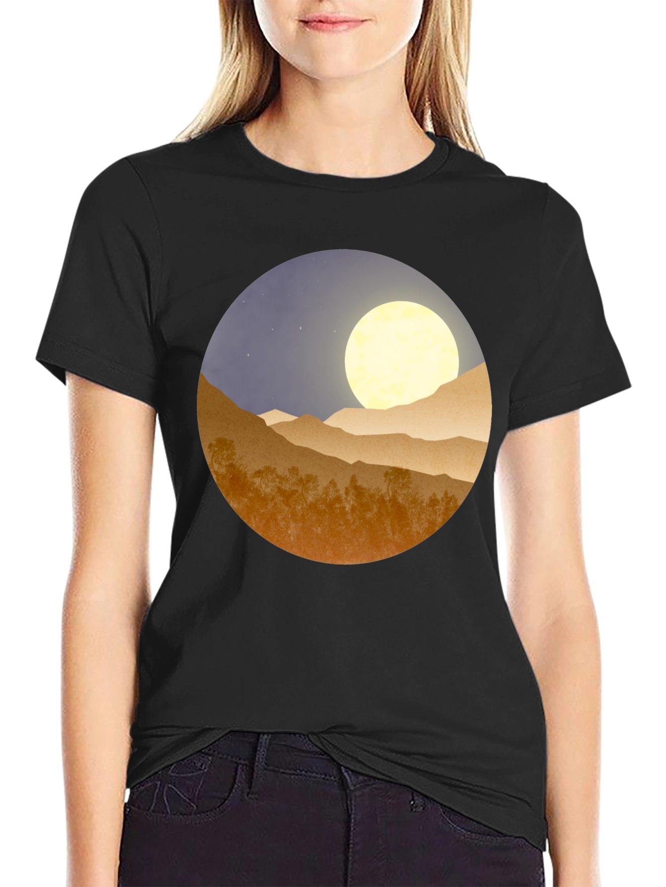 Moonlit Mountain Graphic Tee - Soft Black Cotton Blend