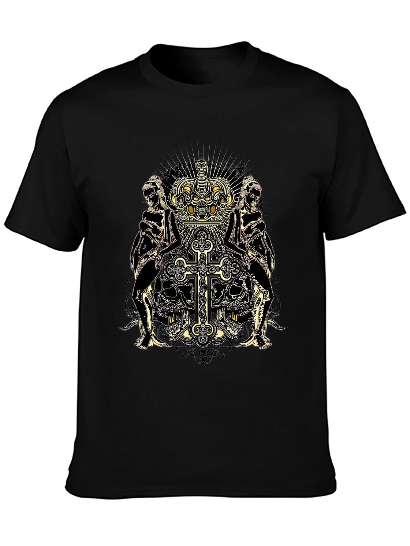 Skull Crown Cross Graphic Print Black Tee