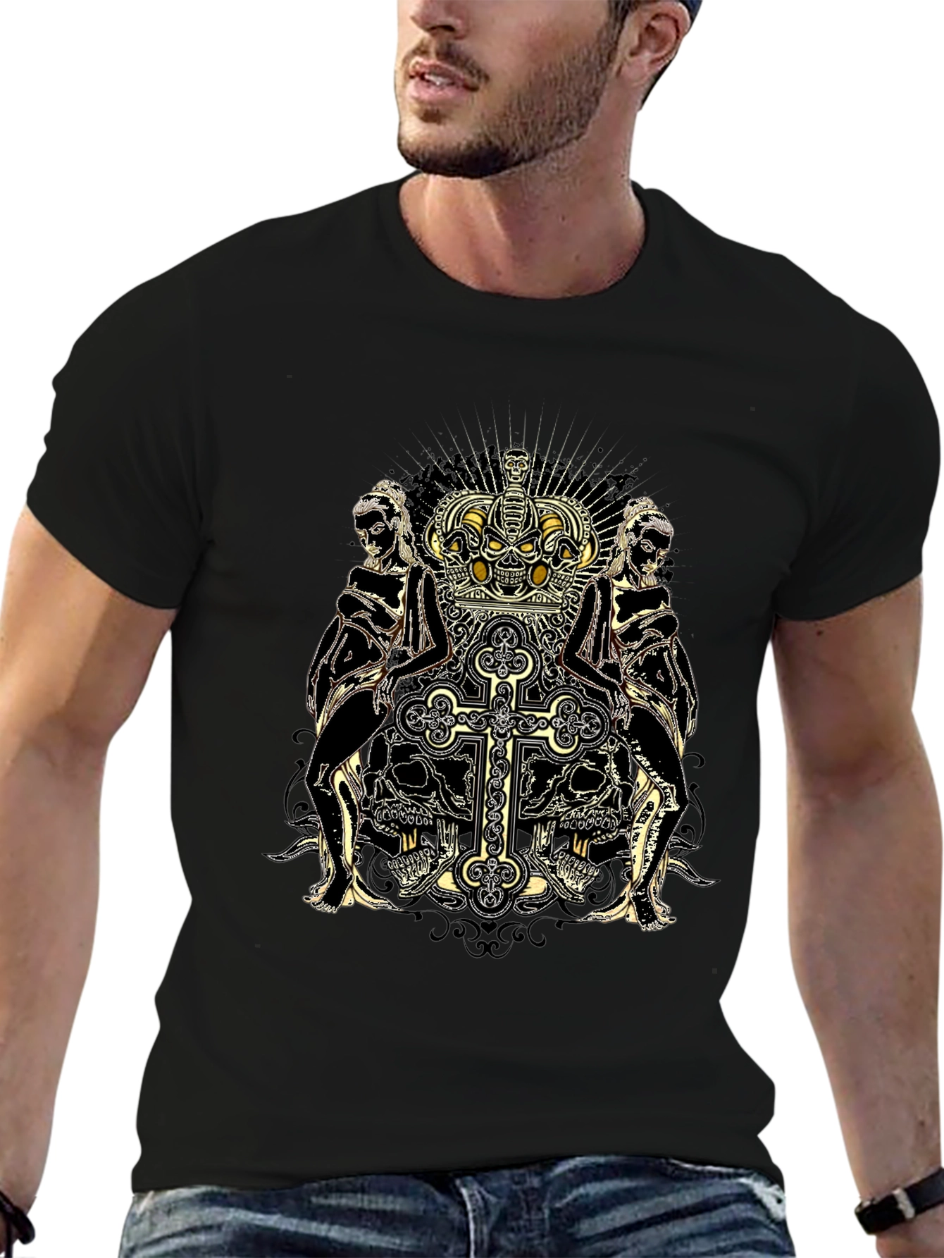 Skull Crown Cross Graphic Print Black Tee