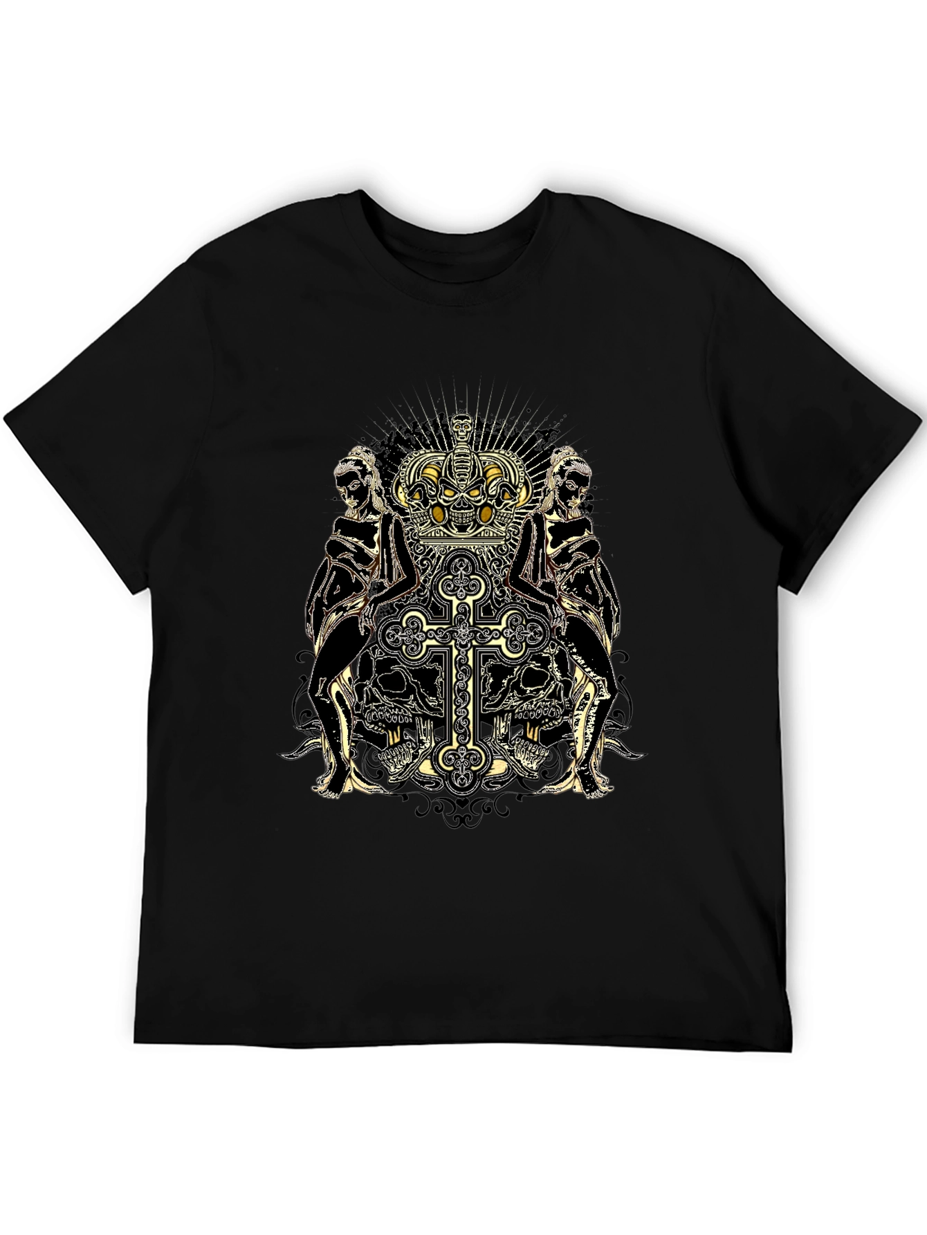 Skull Crown Cross Graphic Print Black Tee