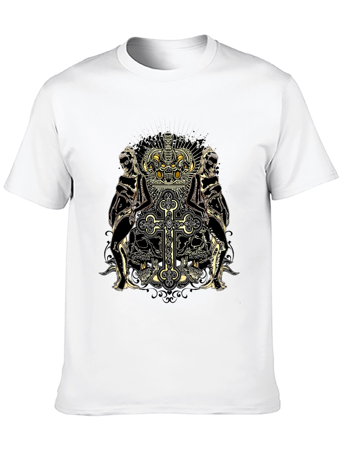 Skull Crown Cross Graphic Print Black Tee