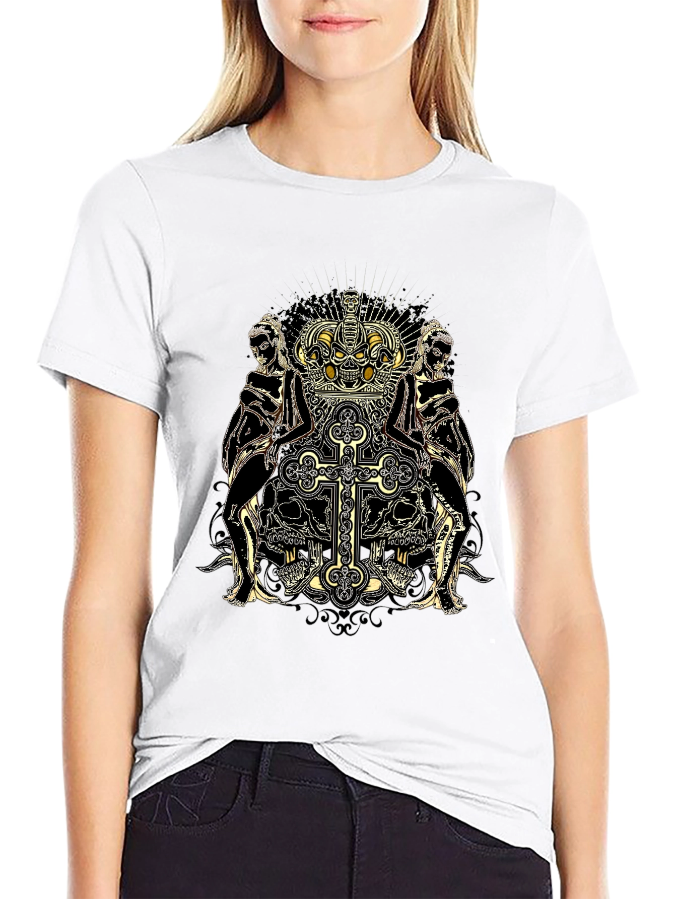 Skull Crown Cross Graphic Print Black Tee