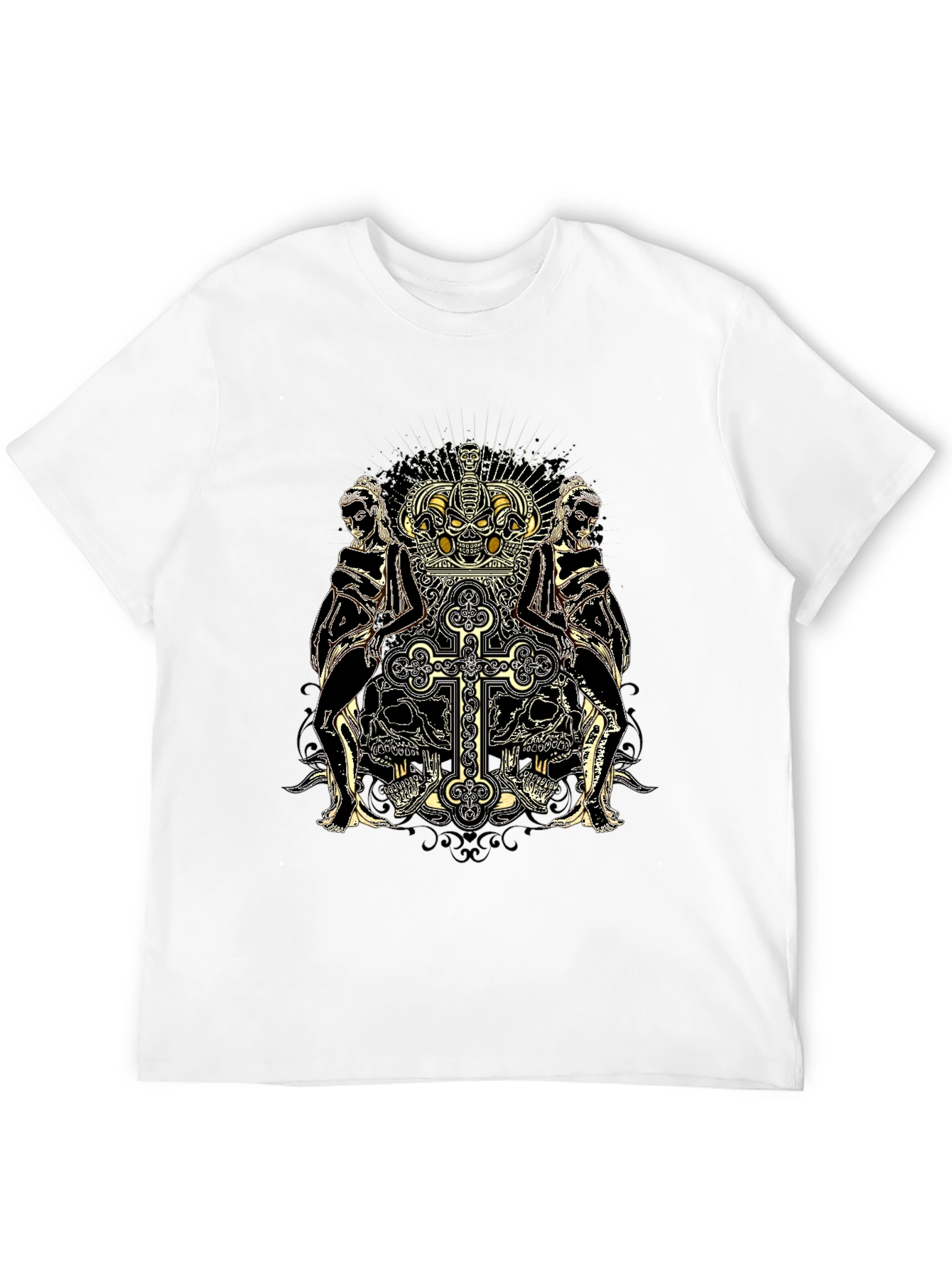 Skull Crown Cross Graphic Print Black Tee