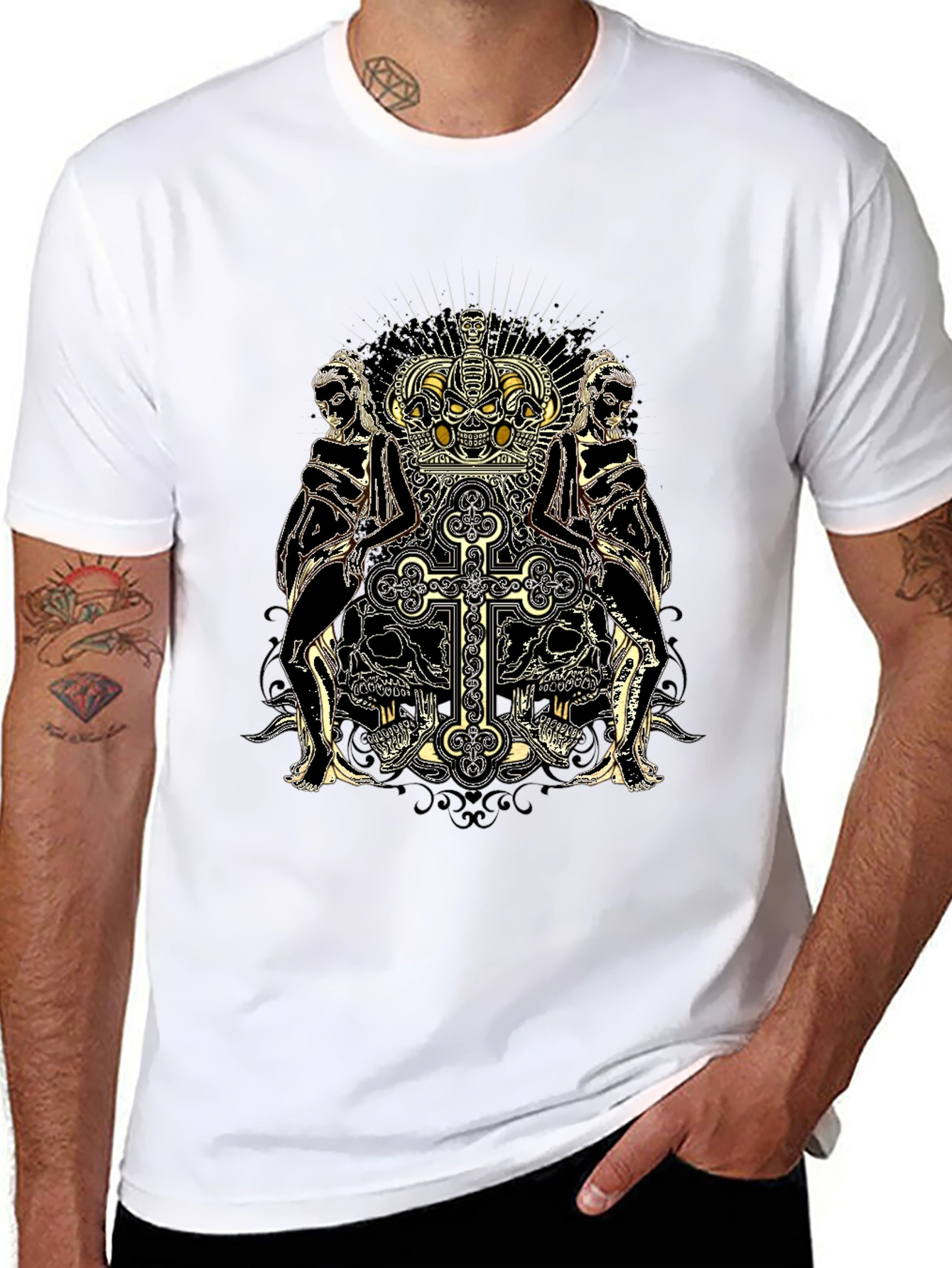 Skull Crown Cross Graphic Print Black Tee