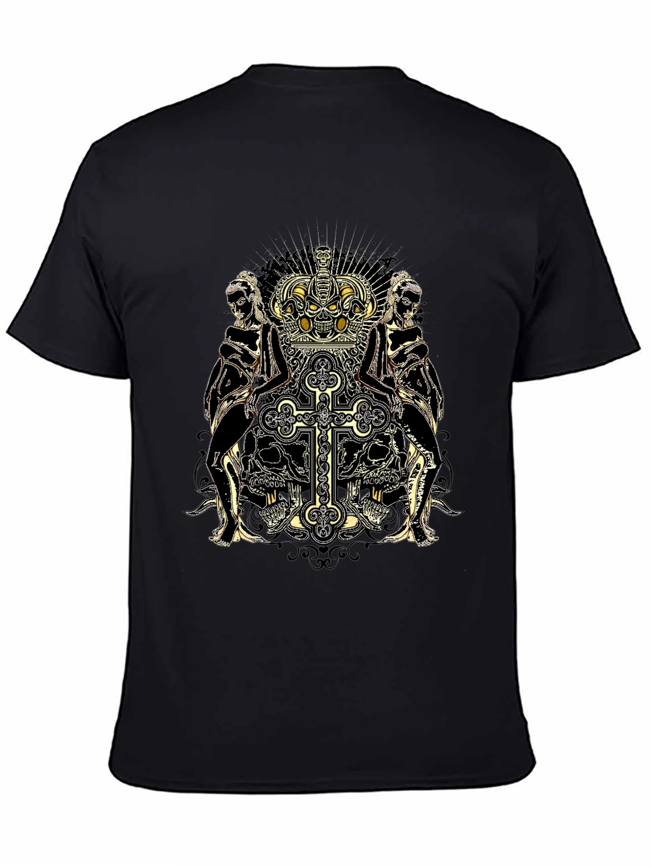 Skull Crown Cross Graphic Print Black Tee