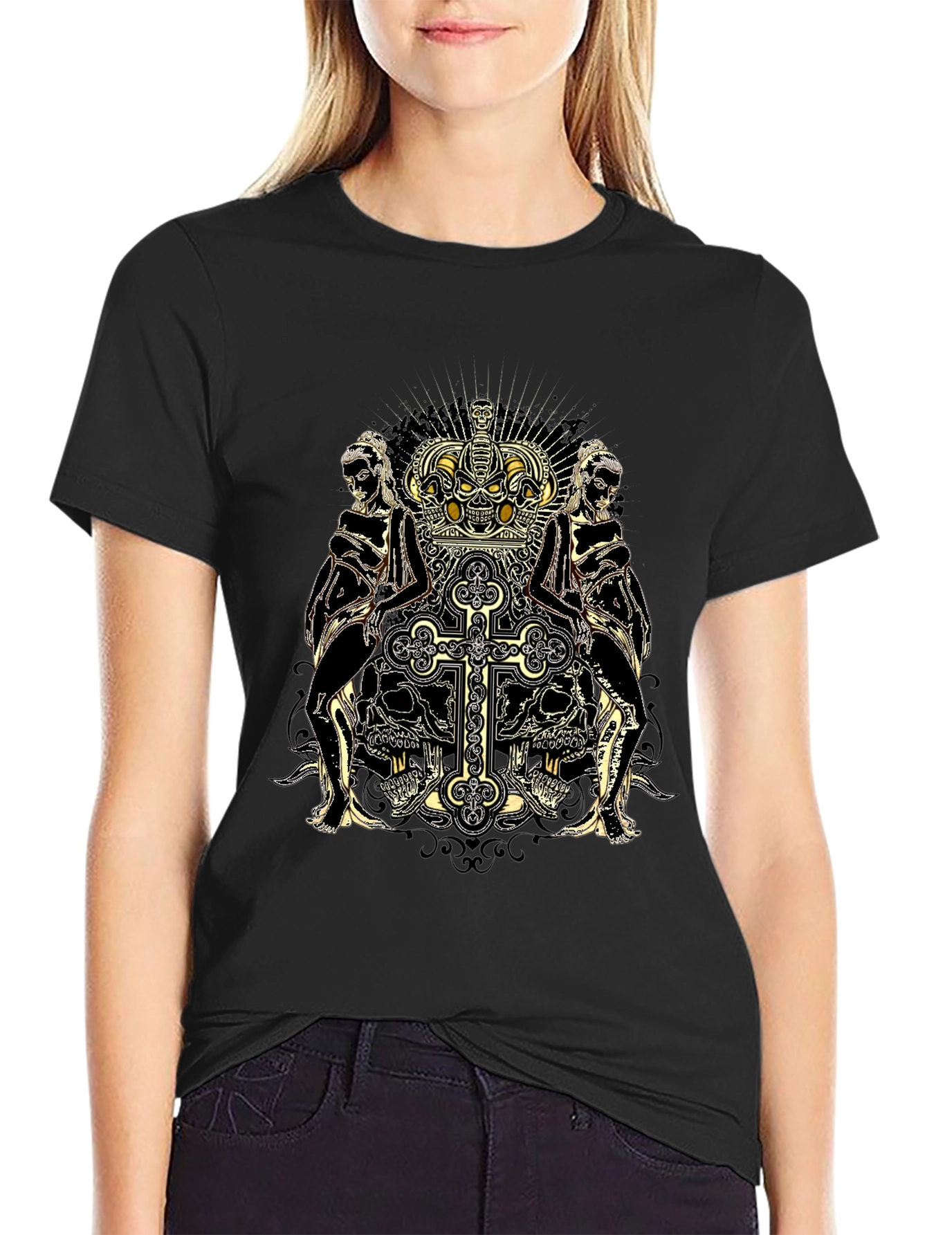 Skull Crown Cross Graphic Print Black Tee