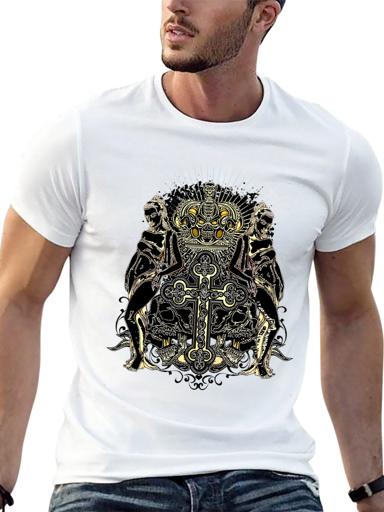 Skull Crown Cross Graphic Print Black Tee