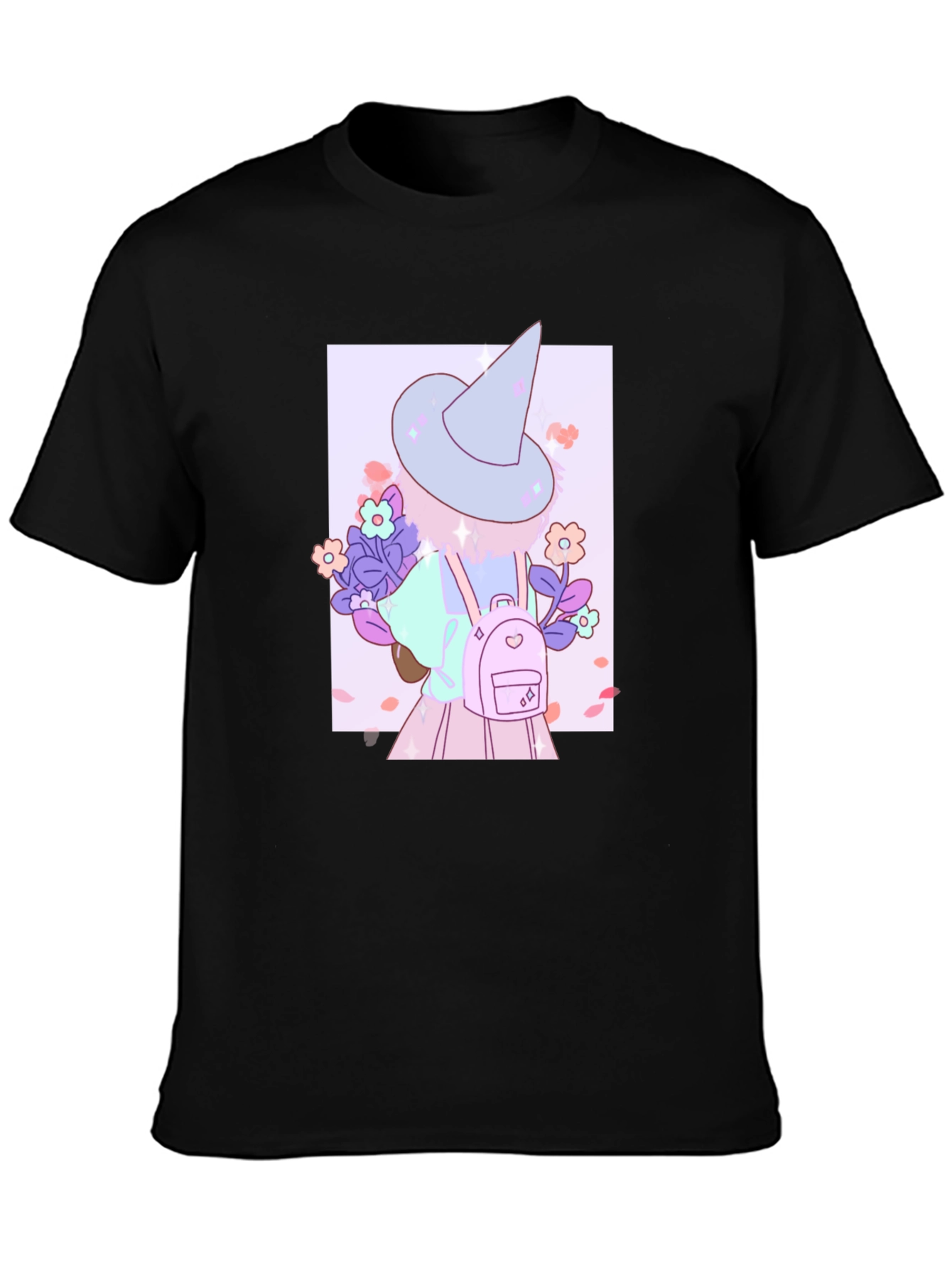 Cute Anime Witch Graphic T-Shirt - Black Cotton