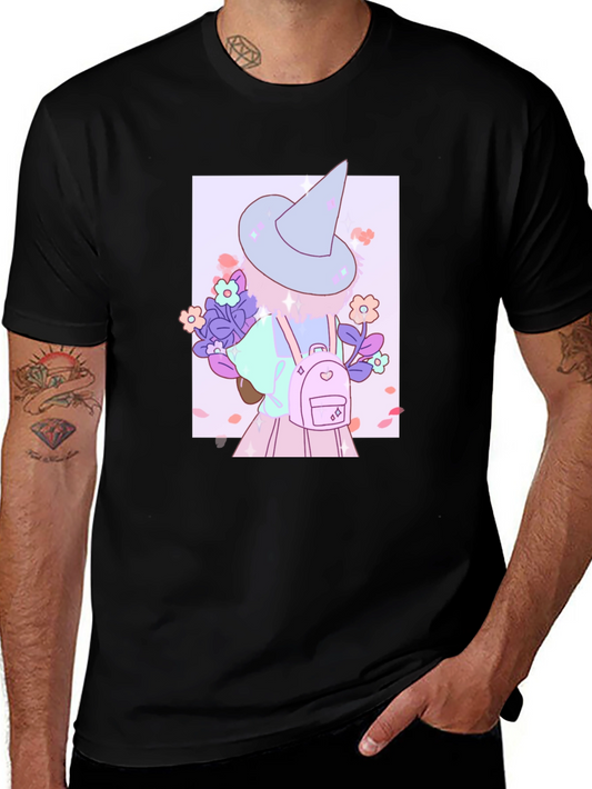 Cute Anime Witch Graphic T-Shirt - Black Cotton