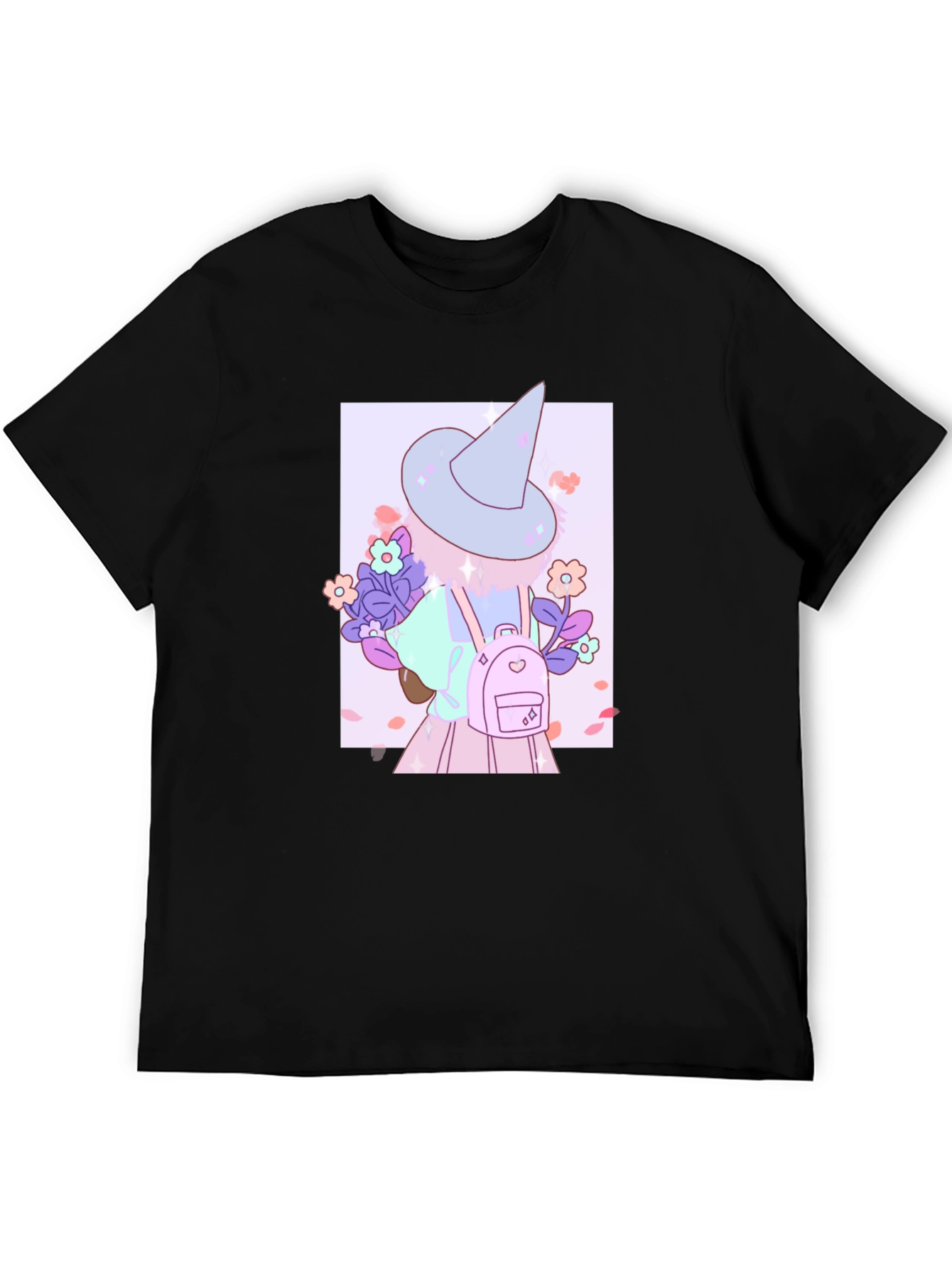 Cute Anime Witch Graphic T-Shirt - Black Cotton