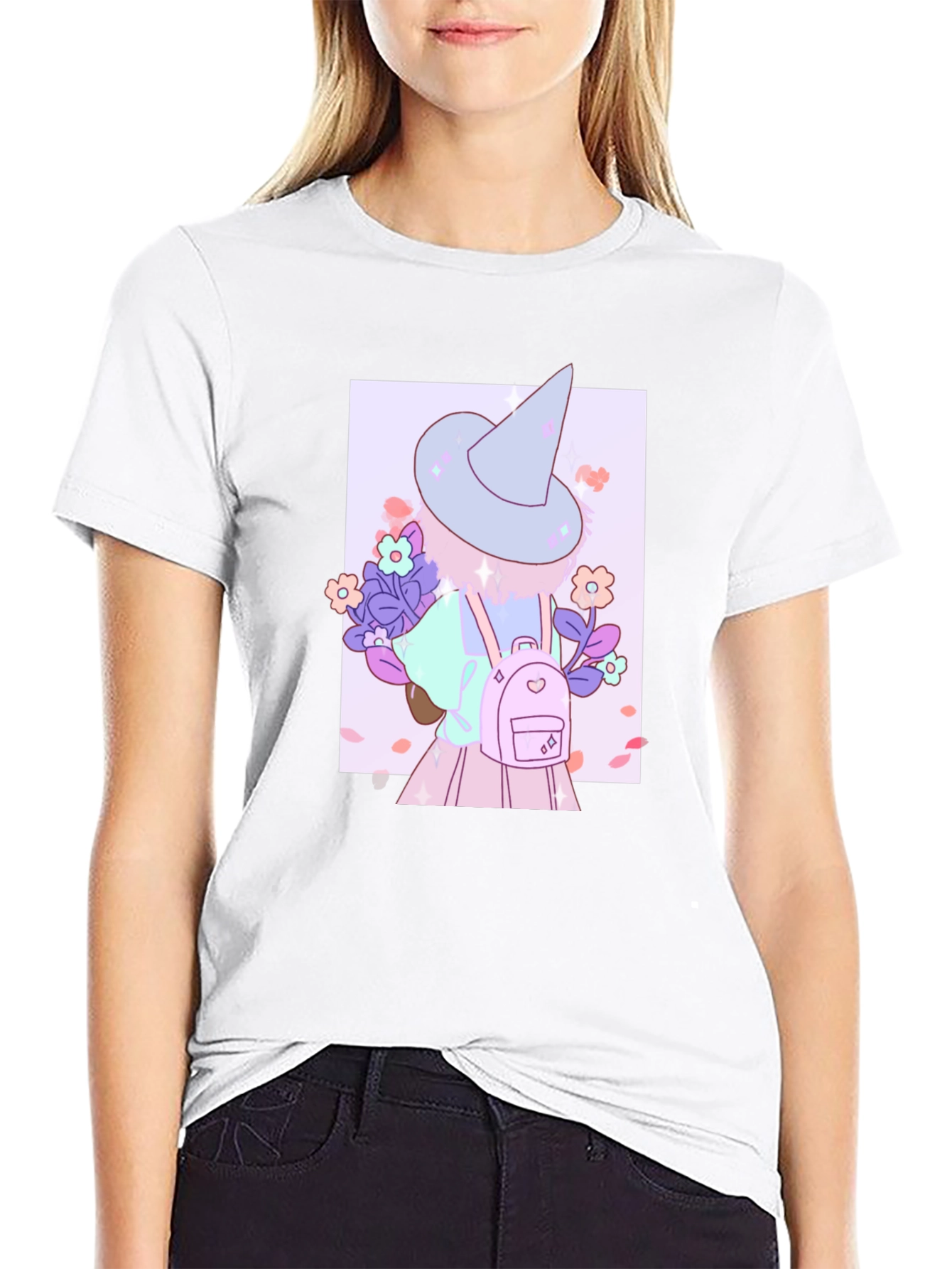 Cute Anime Witch Graphic T-Shirt - Black Cotton