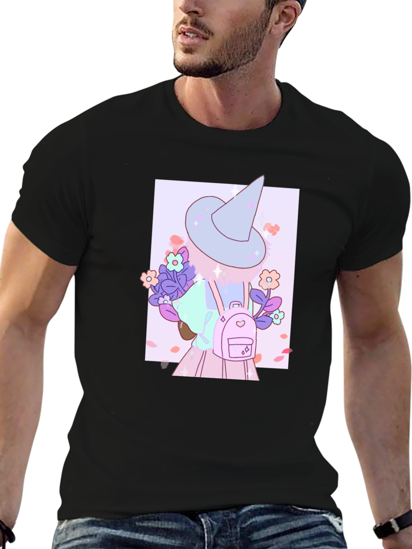 Cute Anime Witch Graphic T-Shirt - Black Cotton