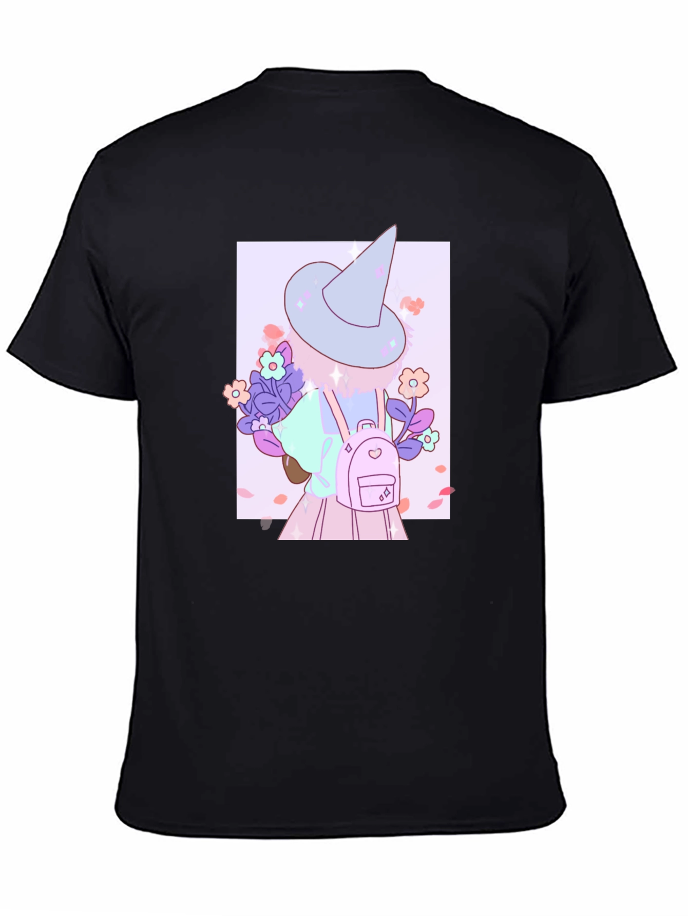 Cute Anime Witch Graphic T-Shirt - Black Cotton