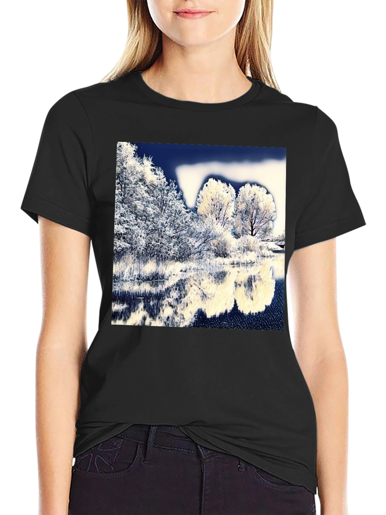Winter Lake Scene Graphic Tee - Black