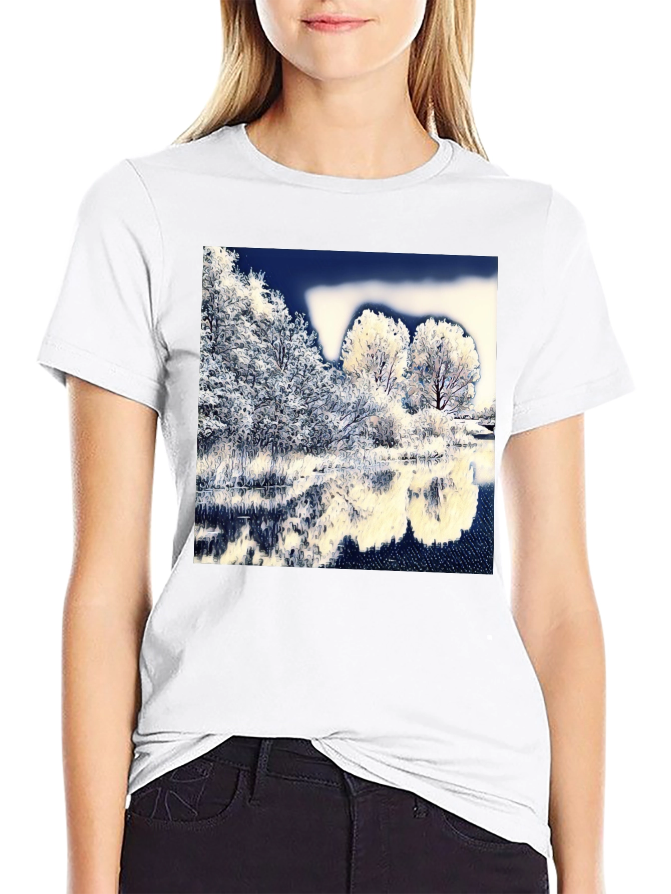 Winter Lake Scene Graphic Tee - Black