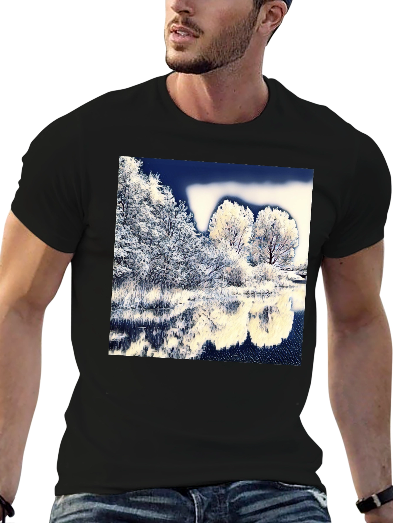 Winter Lake Scene Graphic Tee - Black