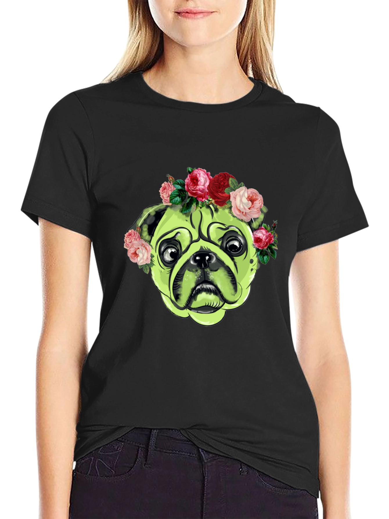 Pug with Floral Crown Graphic T-Shirt