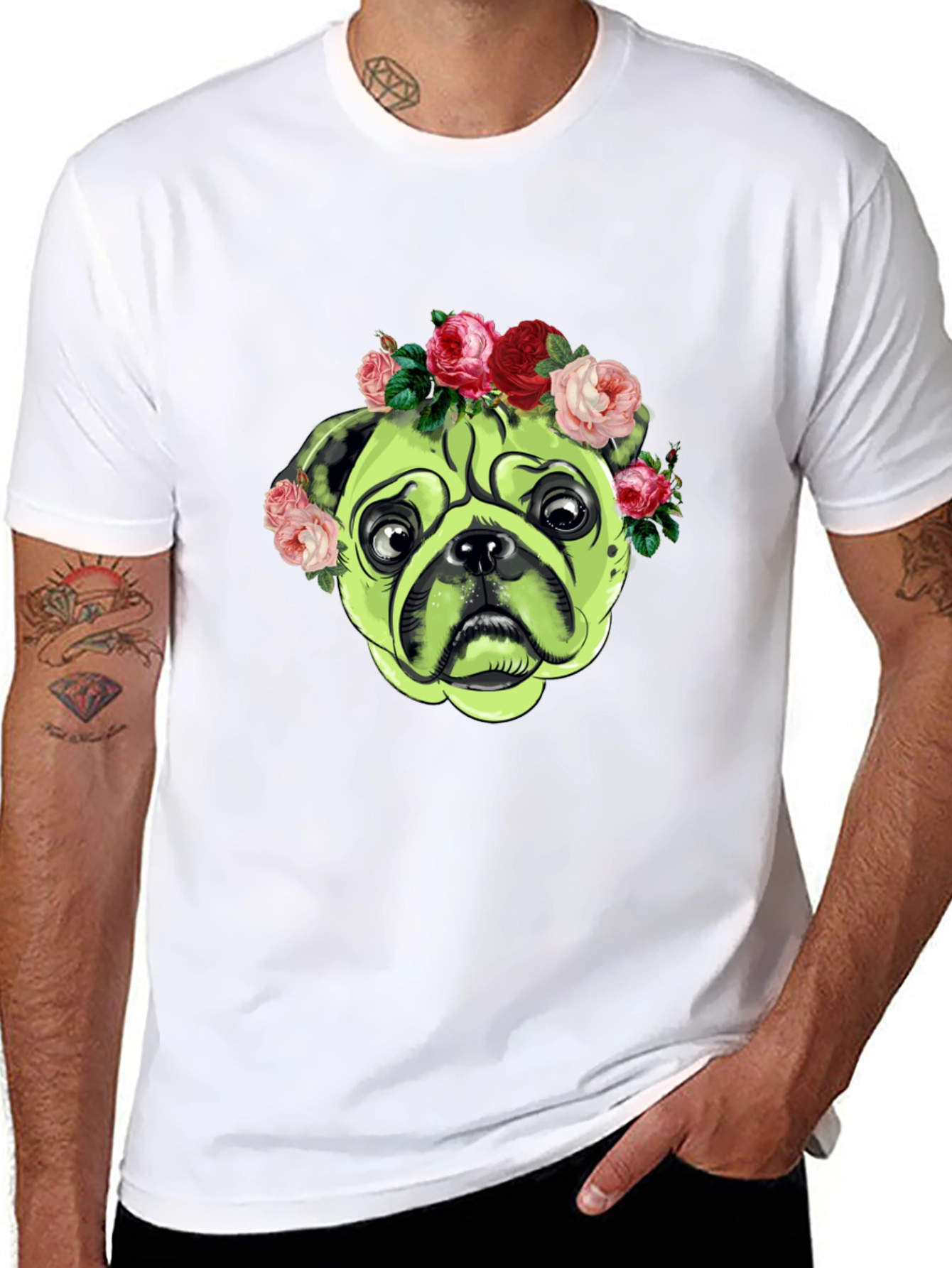 Pug with Floral Crown Graphic T-Shirt