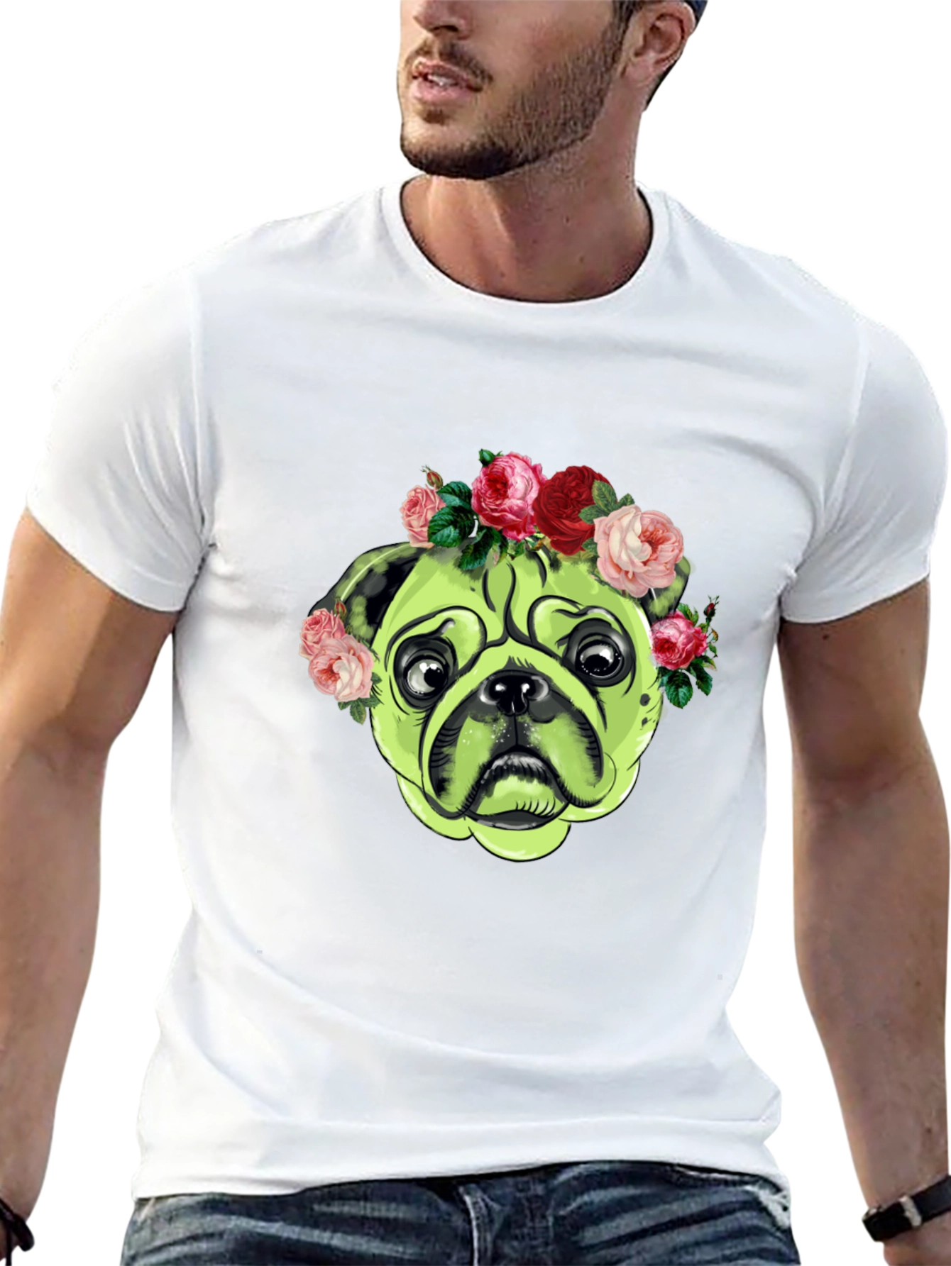 Pug with Floral Crown Graphic T-Shirt