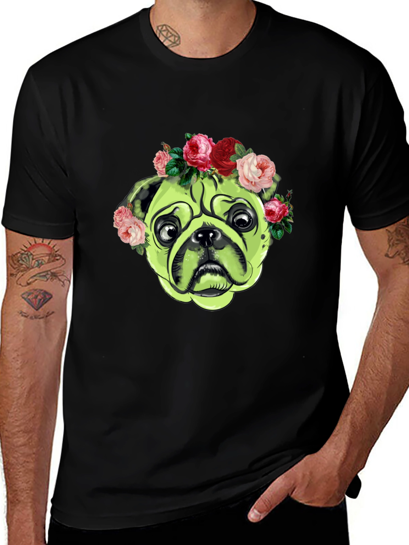 Pug with Floral Crown Graphic T-Shirt