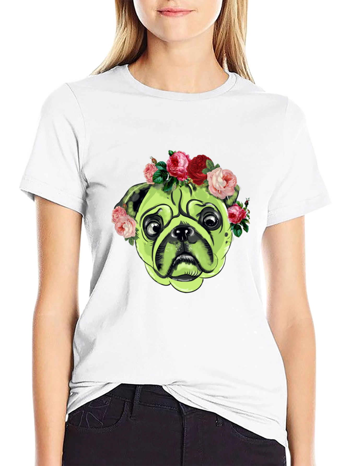 Pug with Floral Crown Graphic T-Shirt