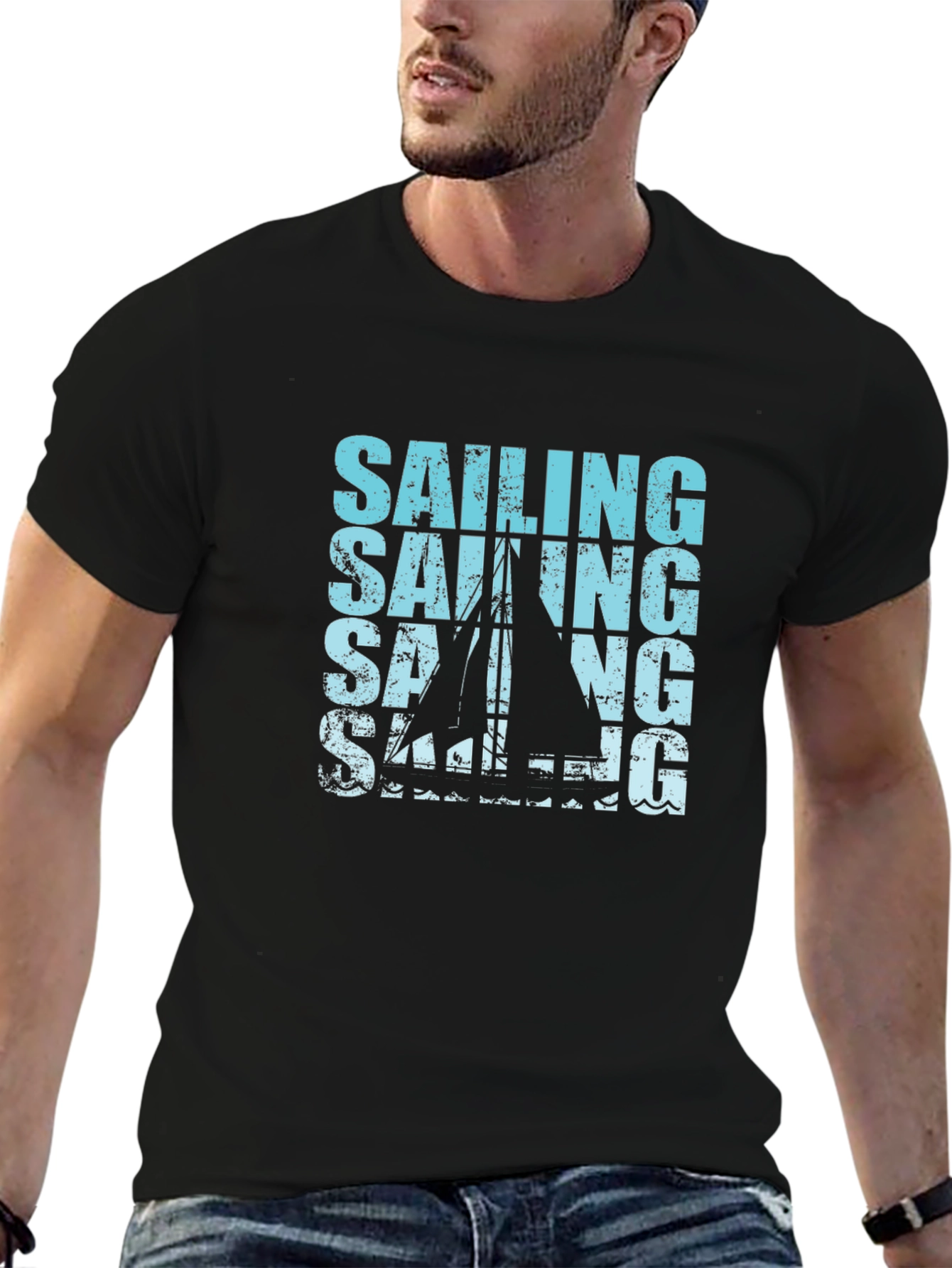 Sailing Graphic Print Black T-Shirt