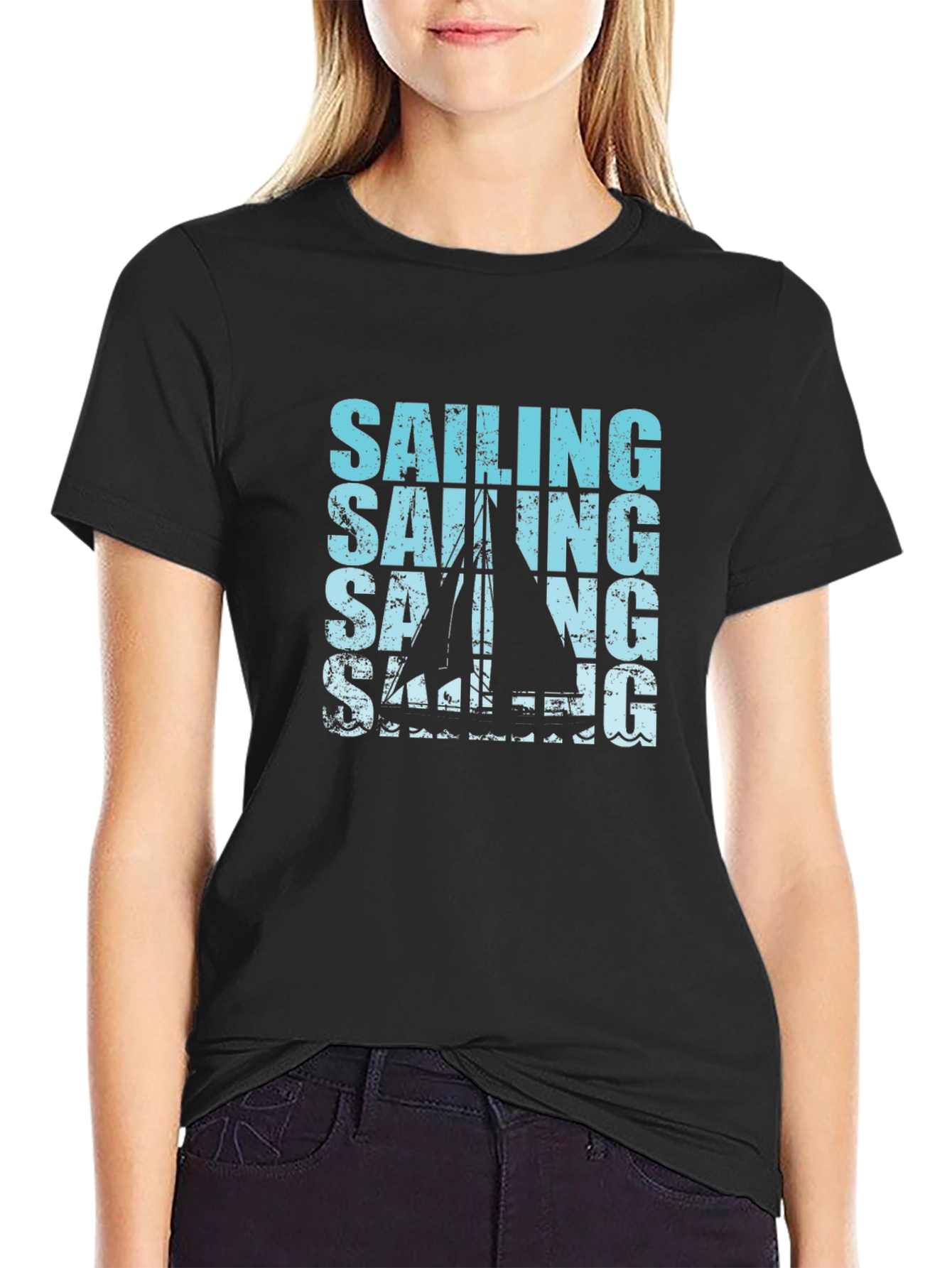 Sailing Graphic Print Black T-Shirt