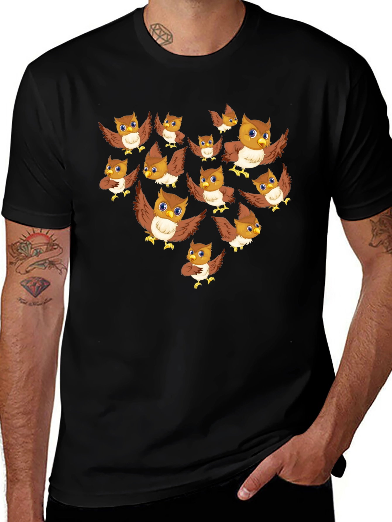 Owl Pattern T-Shirt - Black Crew Neck Tee