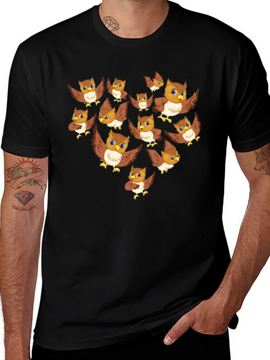 Owl Pattern T-Shirt - Black Crew Neck Tee