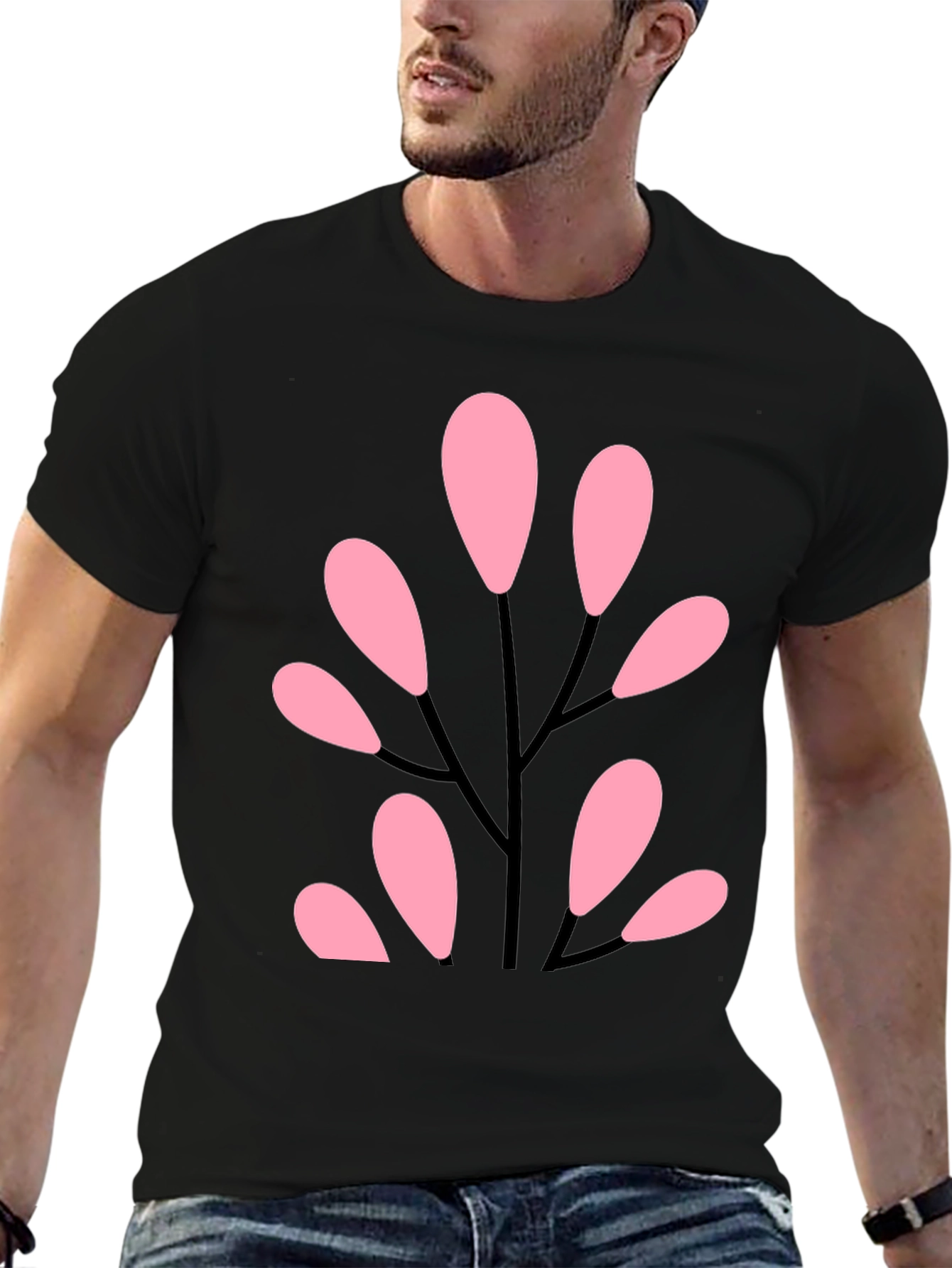Stylish Black Tee with Abstract Pink Floral Design