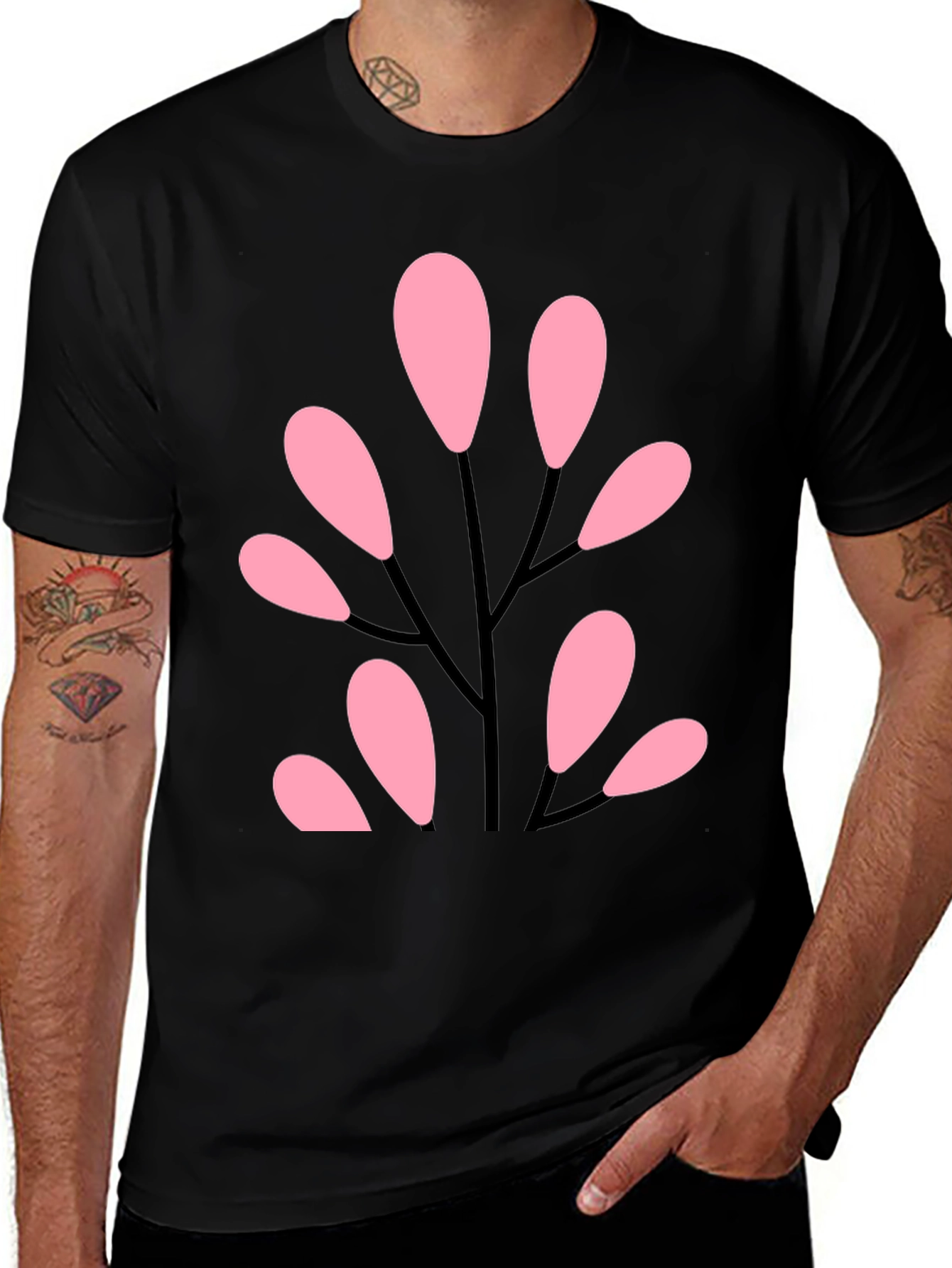 Stylish Black Tee with Abstract Pink Floral Design