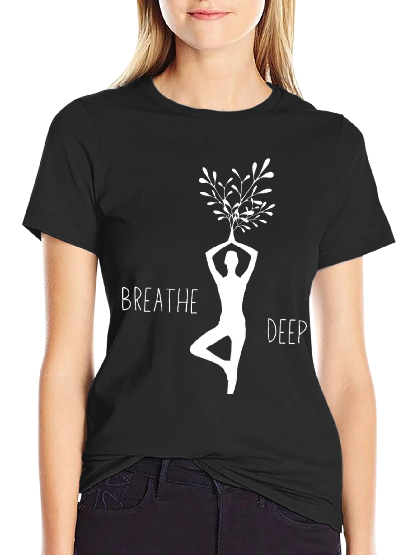Breathe Deep Yoga Tree Pose Graphic T-Shirt