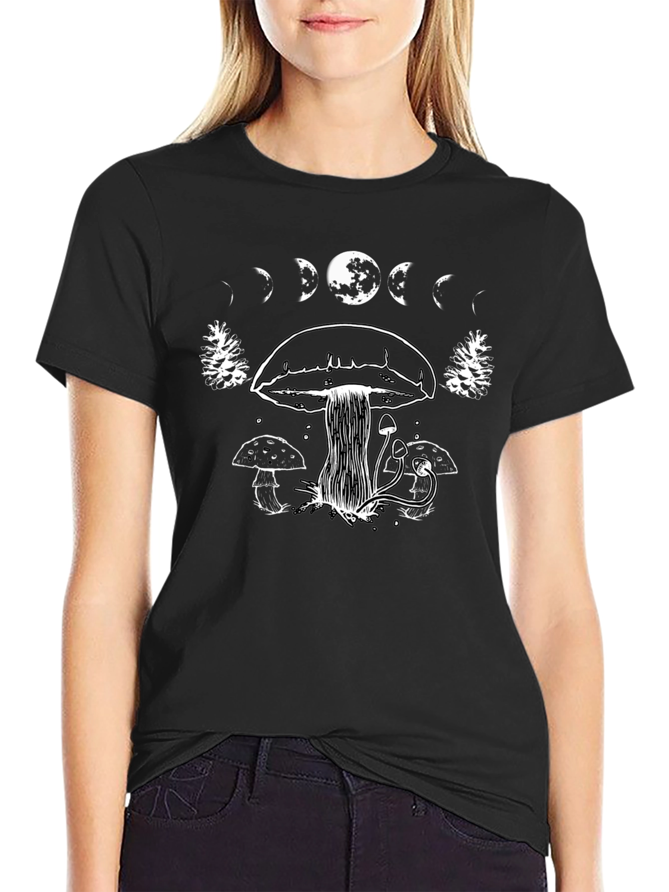 Mushroom Moon Phase Graphic T-Shirt - Black