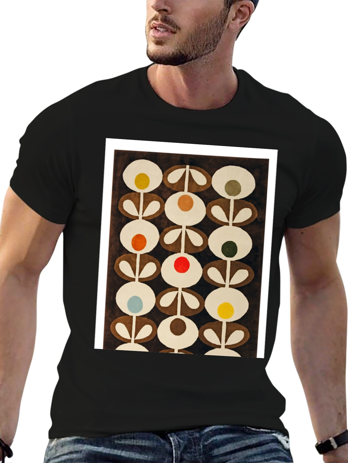Retro Floral Pattern Graphic Tee - Black