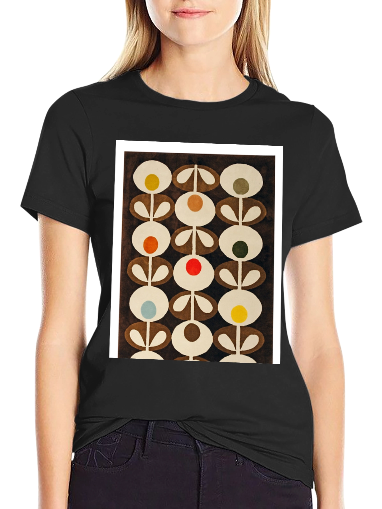 Retro Floral Pattern Graphic Tee - Black