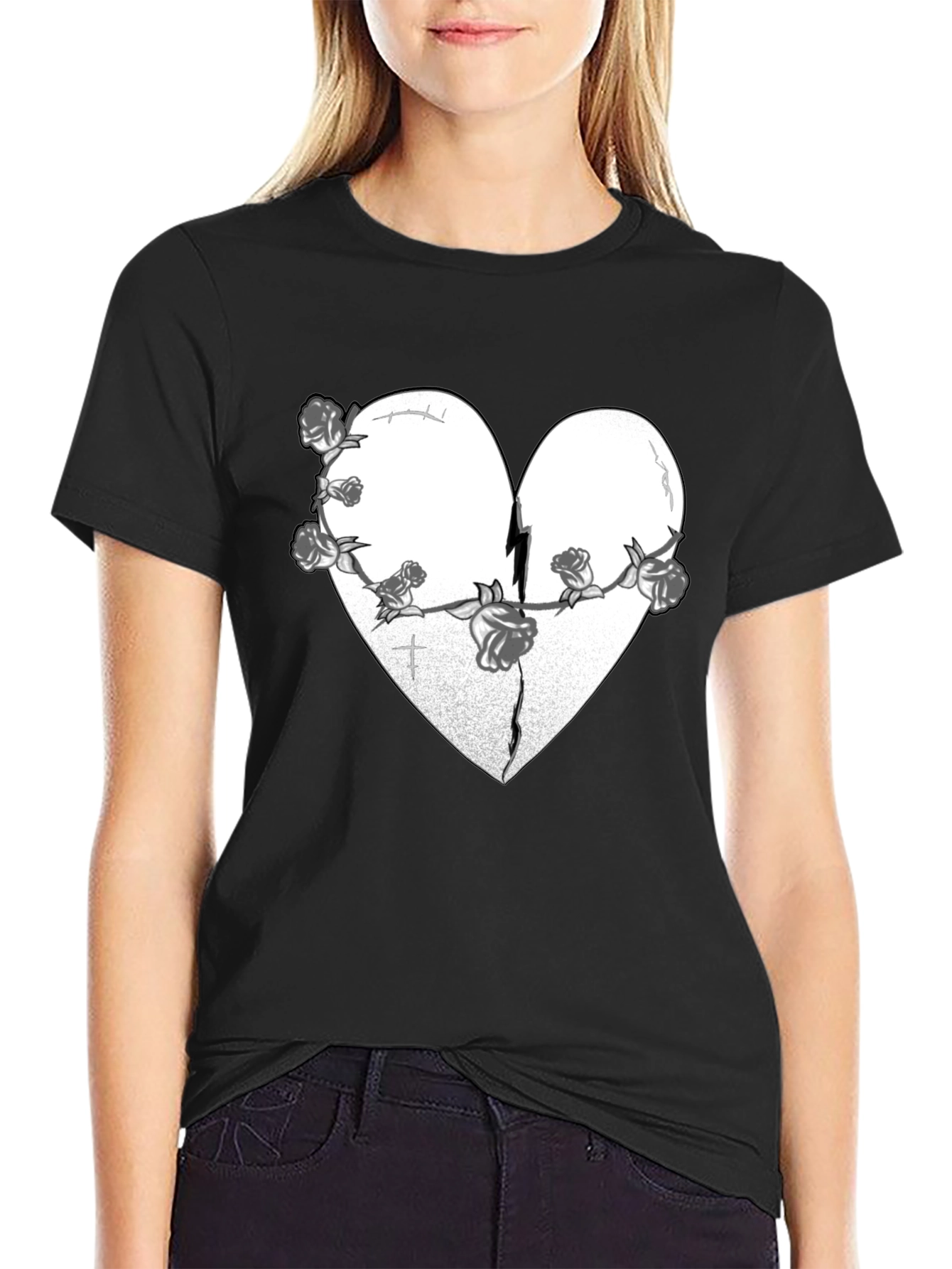 Broken Heart Roses Graphic Tee - Black
