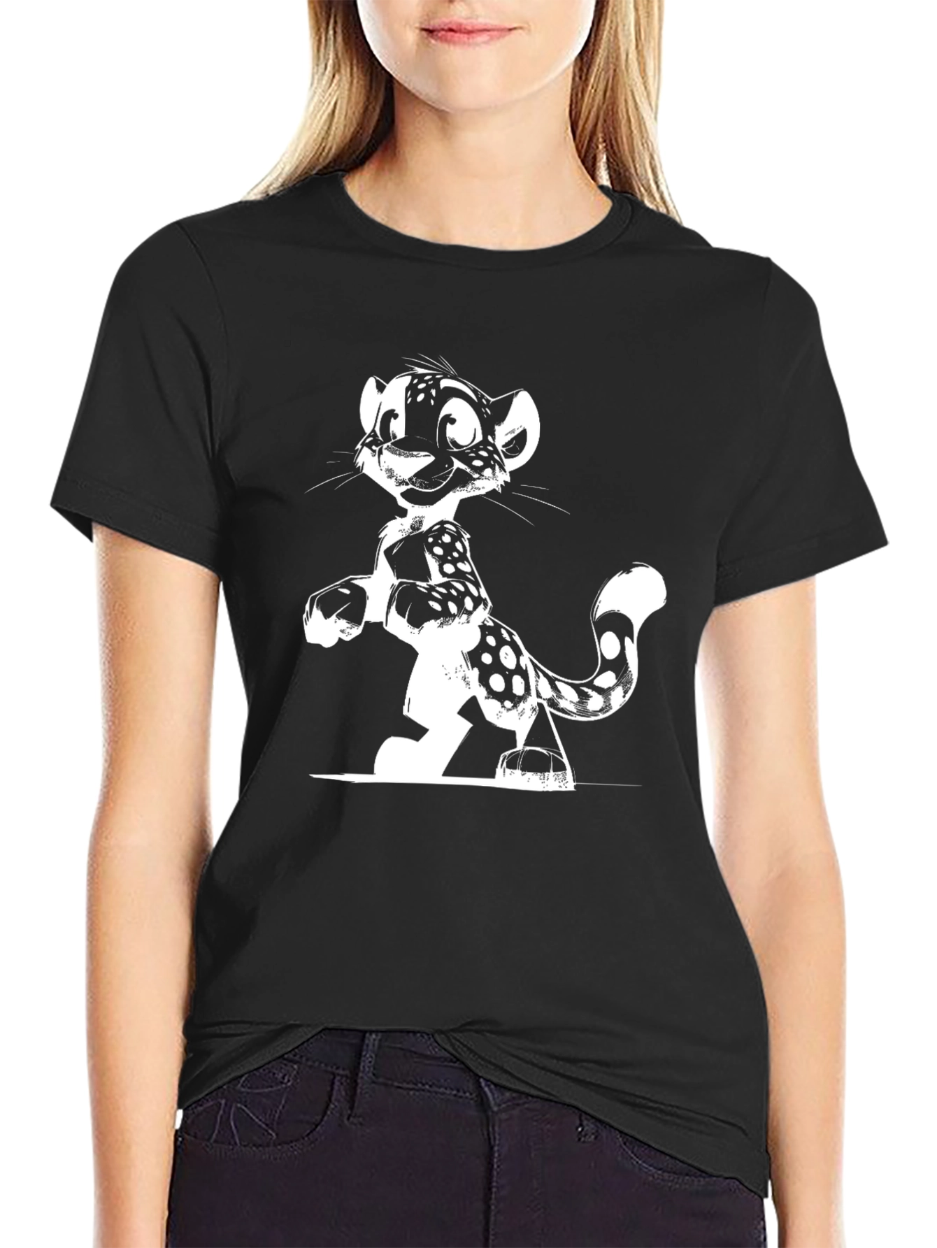 Cartoon Leopard Graphic Tee - Black
