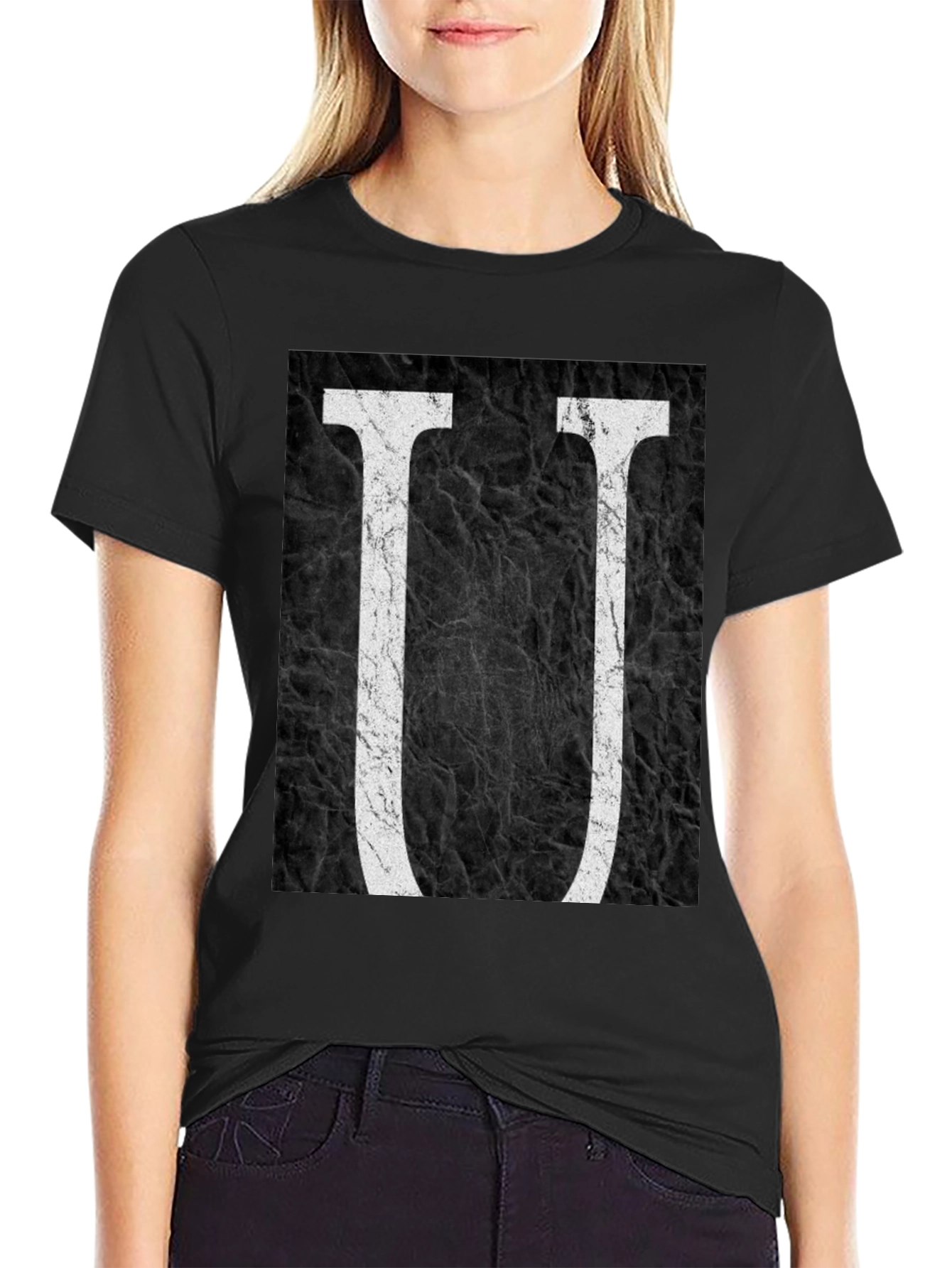 Abstract Letter U Graphic Black T-Shirt