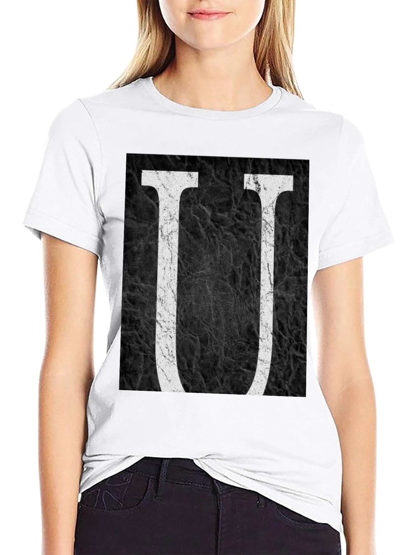 Abstract Letter U Graphic Black T-Shirt