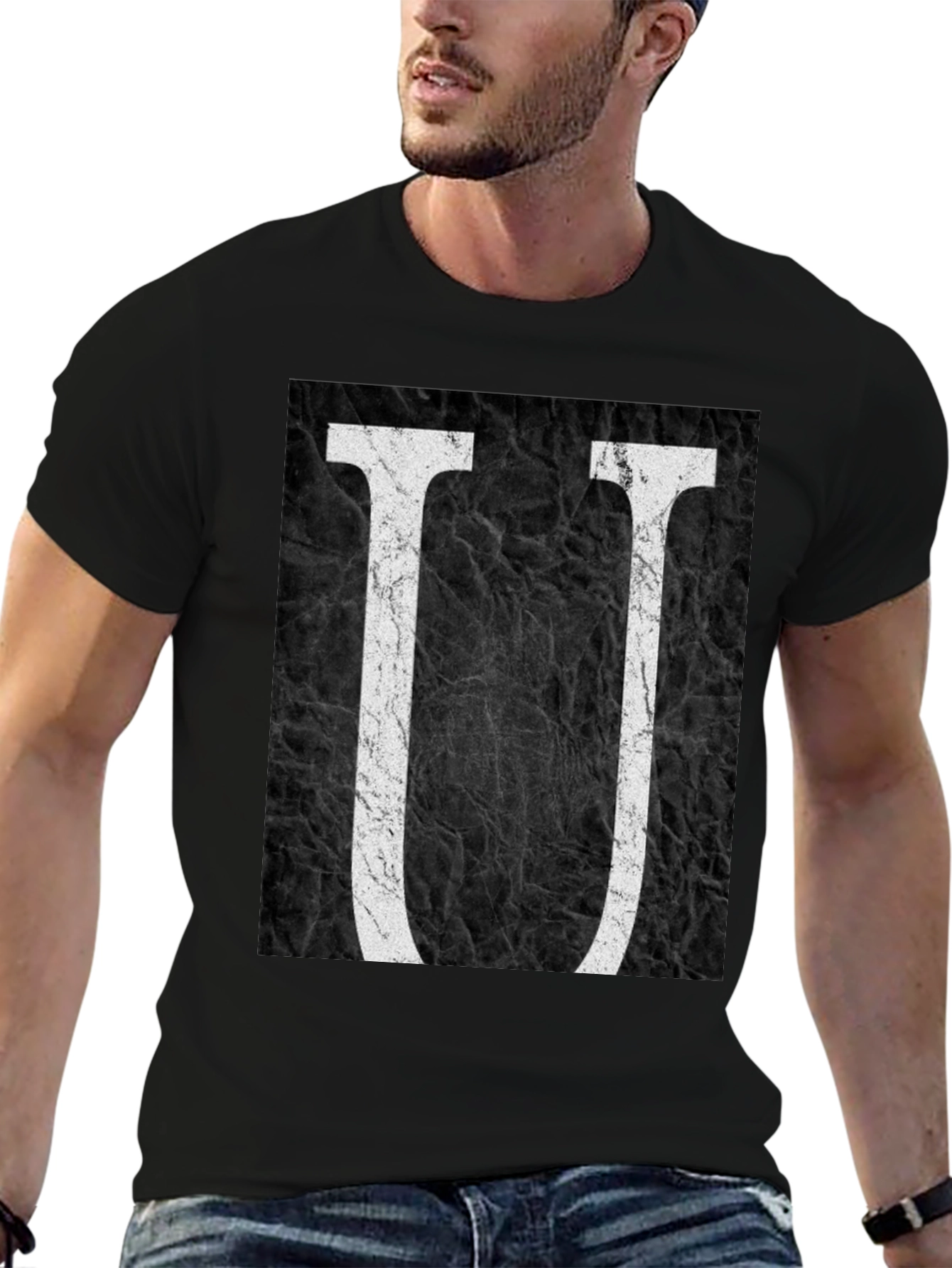 Abstract Letter U Graphic Black T-Shirt