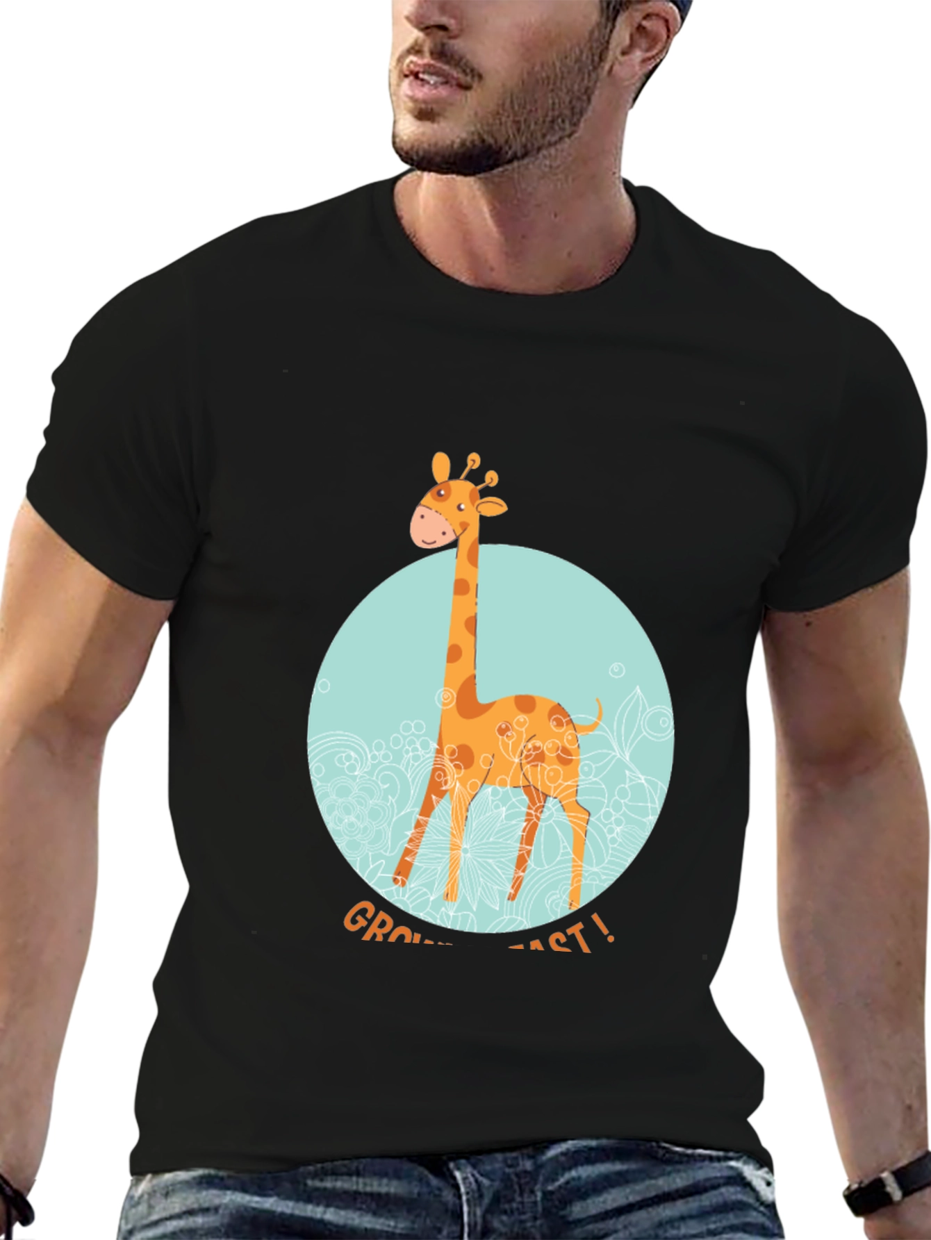 Giraffe Grow Fast! Black Graphic T-Shirt