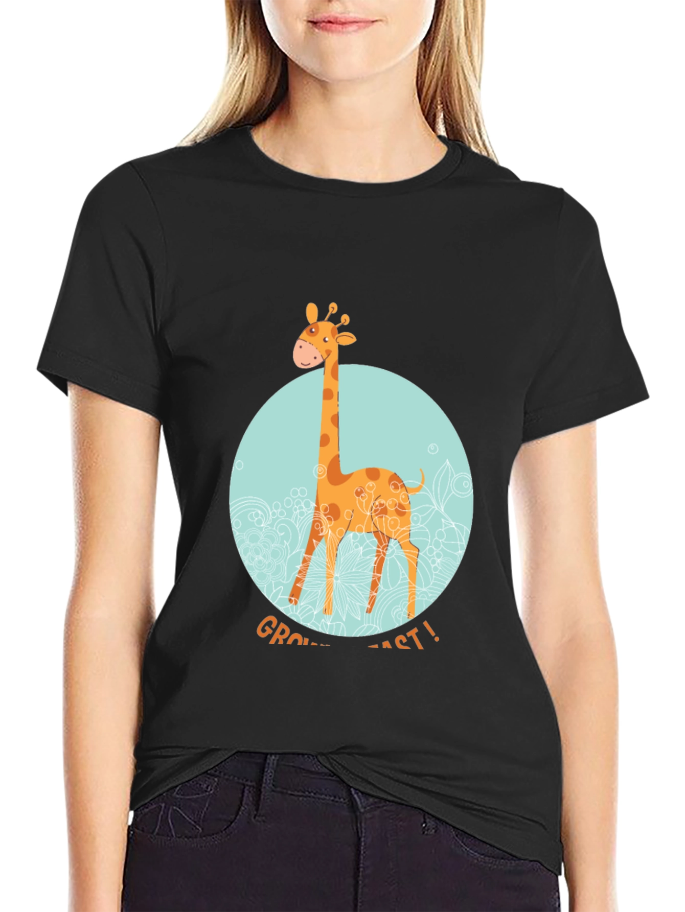Giraffe Grow Fast! Black Graphic T-Shirt