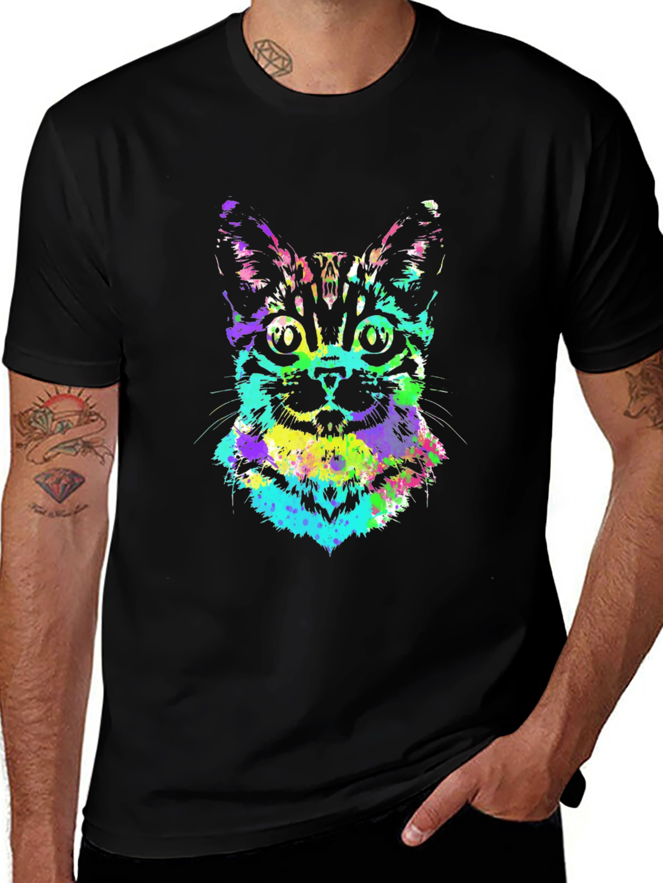 Vibrant Cat Graphic Tee - Black Unisex T-Shirt