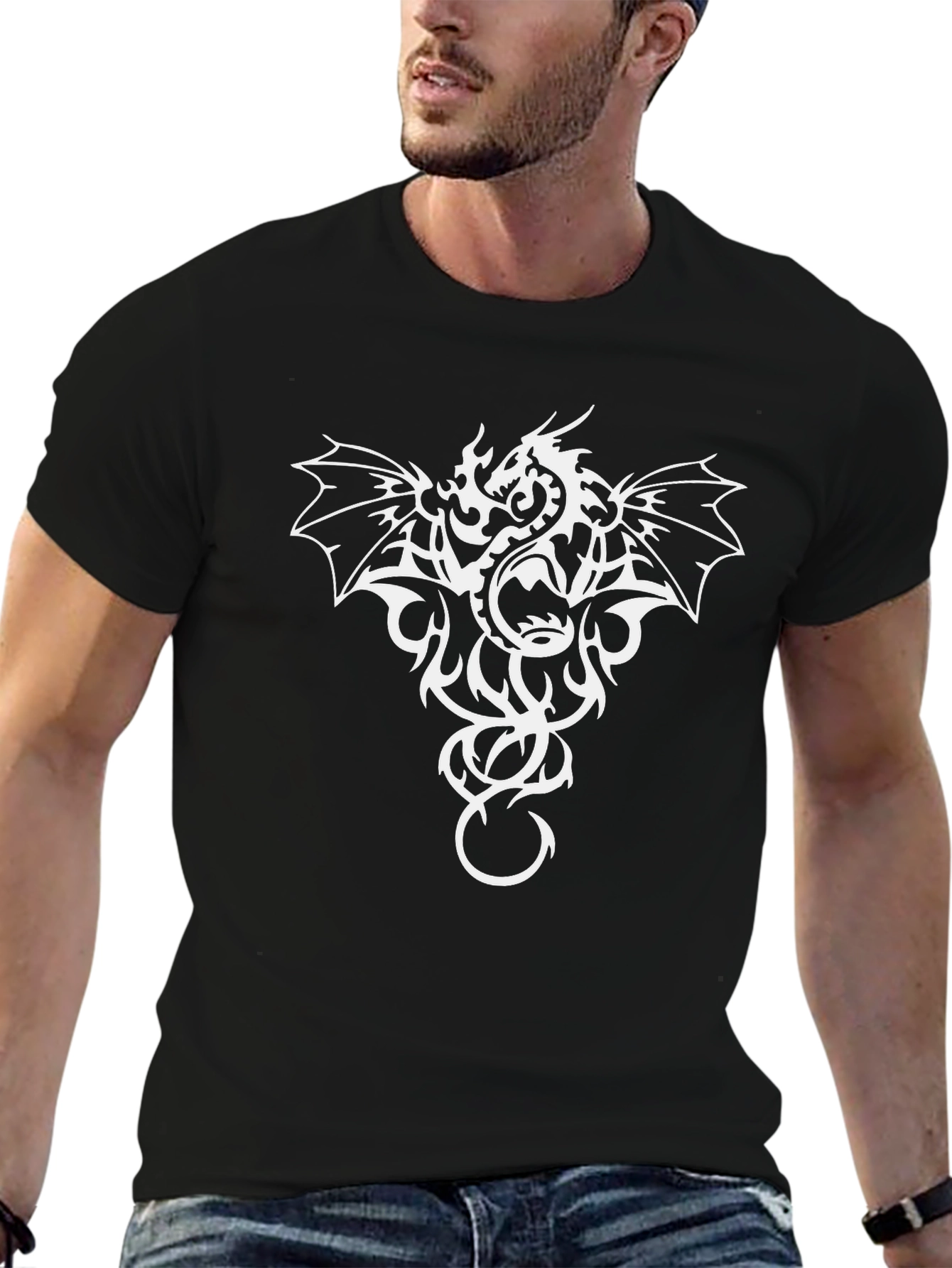 Dragon Graphic Tee - Black Cotton Casual Shirt