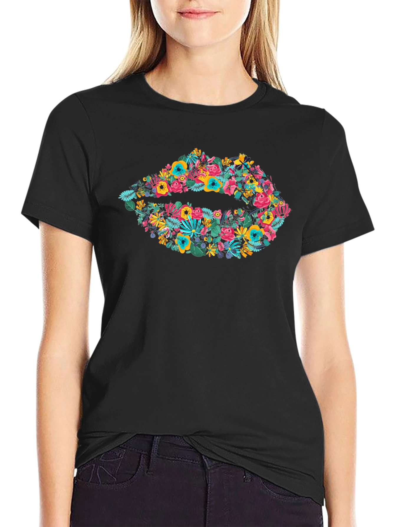 Floral Lips Graphic Black T-Shirt