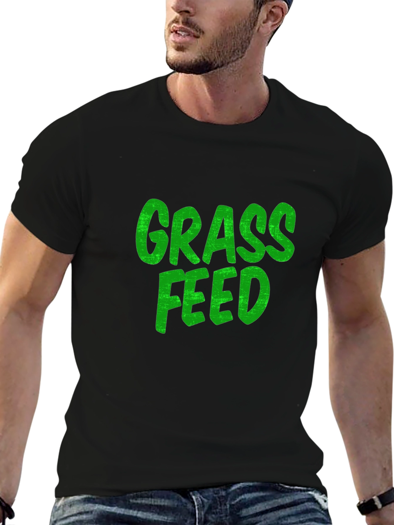 Grass Feed Green Text Black Cotton T-Shirt